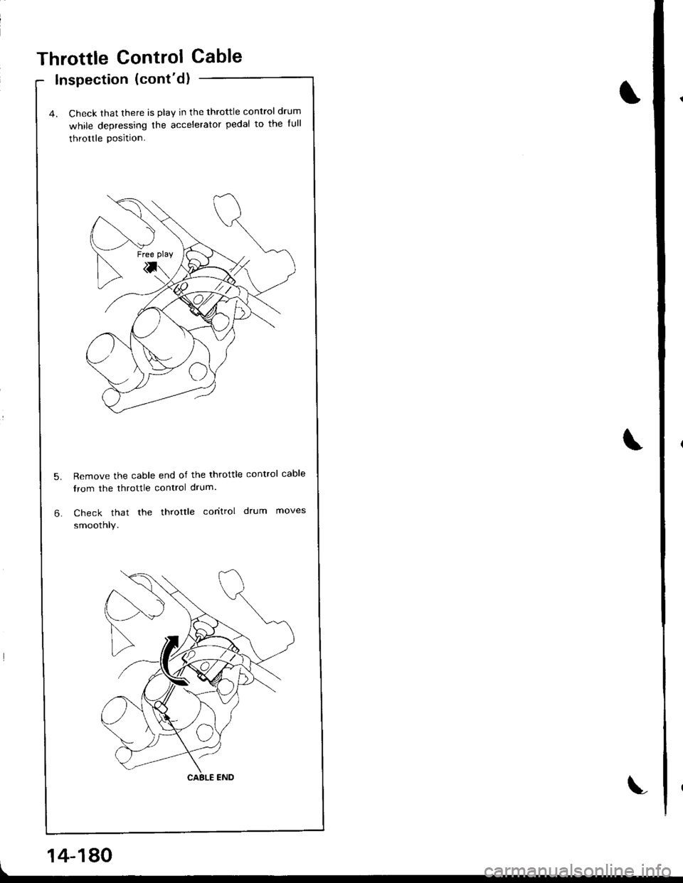 HONDA INTEGRA 1998 4.G Workshop Manual Throttle Control Cable
lnspection (contd)
4. Check that there is play in the throttle control drum
while depressing the accelerator pedal to the full
throttle position.
Remove the cable end of the th HONDA INTEGRA 1998 4.G Workshop Manual Throttle Control Cable
lnspection (contd)
4. Check that there is play in the throttle control drum
while depressing the accelerator pedal to the full
throttle position.
Remove the cable end of the th