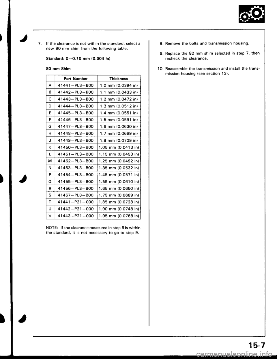 HONDA INTEGRA 1998 4.G Workshop Manual 7.li the clearance is not within the standard, select a
new 80 mm shim from the tollowing table.
Standard: 0-0.10 mm {0.004 in)
80 mm Shim
NOTE: lf the clearance measured in step 6 is within
the stand HONDA INTEGRA 1998 4.G Workshop Manual 7.li the clearance is not within the standard, select a
new 80 mm shim from the tollowing table.
Standard: 0-0.10 mm {0.004 in)
80 mm Shim
NOTE: lf the clearance measured in step 6 is within
the stand