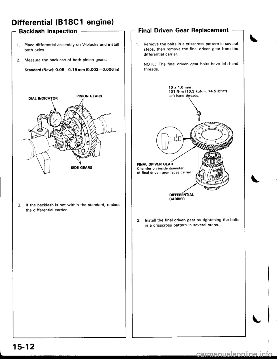 HONDA INTEGRA 1998 4.G Workshop Manual Differential (818C1 engine)
Backlash lnspection
Place differential assembly on V-blocks and install
both axles,
Measure the backlash of both pinion gears.
Siandard {Newl: O.O5-0.15 mm (0.OO2-0.OOG in} HONDA INTEGRA 1998 4.G Workshop Manual Differential (818C1 engine)
Backlash lnspection
Place differential assembly on V-blocks and install
both axles,
Measure the backlash of both pinion gears.
Siandard {Newl: O.O5-0.15 mm (0.OO2-0.OOG in}