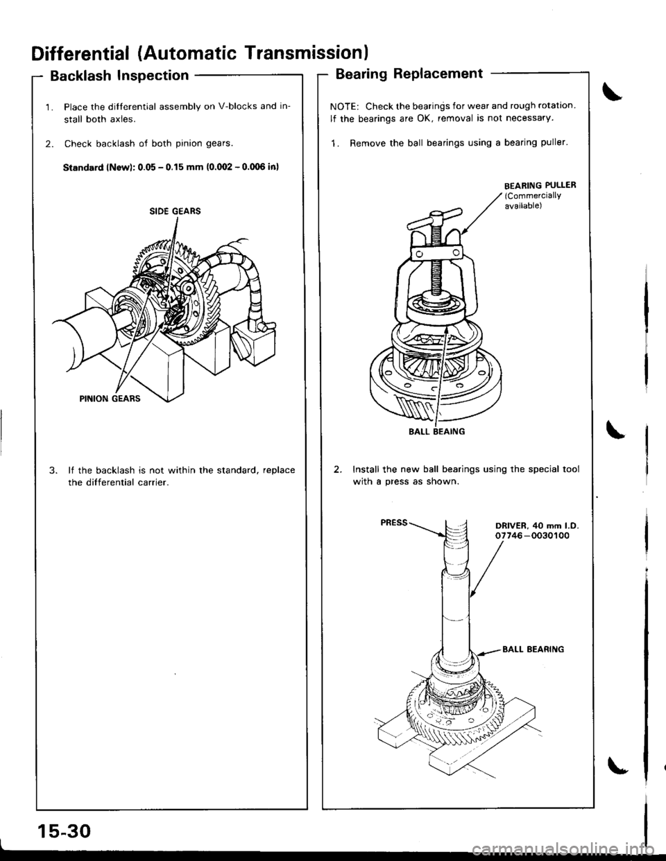 HONDA INTEGRA 1998 4.G Workshop Manual Differential (Automatic Transmissionl
Backlash Inspection
1. Place the dilferential assembly on V-blocks and in-
stall both axles.
2. Check backlash of both pinion gears.
Standard lNsw): 0.05 - 0.15 m HONDA INTEGRA 1998 4.G Workshop Manual Differential (Automatic Transmissionl
Backlash Inspection
1. Place the dilferential assembly on V-blocks and in-
stall both axles.
2. Check backlash of both pinion gears.
Standard lNsw): 0.05 - 0.15 m