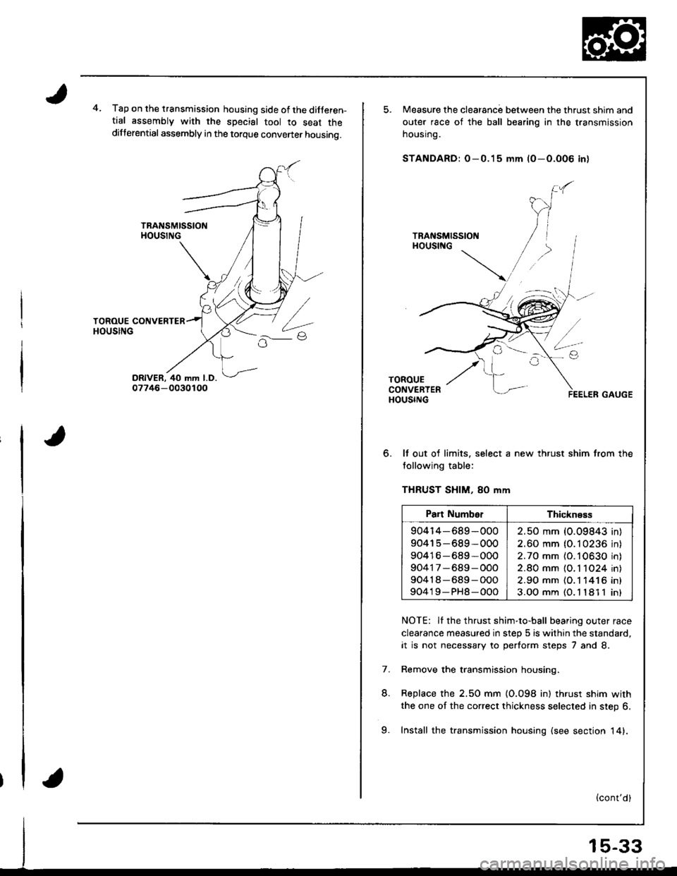 HONDA INTEGRA 1998 4.G Workshop Manual 4.Tap on the transmission housing side of the ditferen-tial assembly with the special tool to seat thedifferential assembly in the torque convener housing.
o.
Measure the clearanc; between the thrust HONDA INTEGRA 1998 4.G Workshop Manual 4.Tap on the transmission housing side of the ditferen-tial assembly with the special tool to seat thedifferential assembly in the torque convener housing.
o.
Measure the clearanc; between the thrust