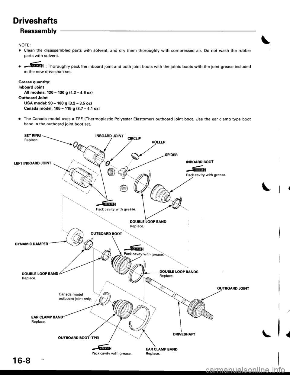 HONDA INTEGRA 1998 4.G User Guide Driveshafts
LEFT INBOARD JOINT
DYNAMIC DAMPER
Reassembly
NOTE:
. Clean the disassembled parts with solvent, and dry them thoroughly with compressed air. Do not wash the rubber
parts with solvent.
o -@ HONDA INTEGRA 1998 4.G User Guide Driveshafts
LEFT INBOARD JOINT
DYNAMIC DAMPER
Reassembly
NOTE:
. Clean the disassembled parts with solvent, and dry them thoroughly with compressed air. Do not wash the rubber
parts with solvent.
o -@