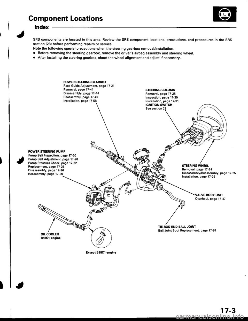 HONDA INTEGRA 1998 4.G Workshop Manual I
Component Locations
Index
SRS components are located in this area. Review the SRS component locations, precautions, and procedures in the SRSsection (23) before performing repairs or service.
Note t