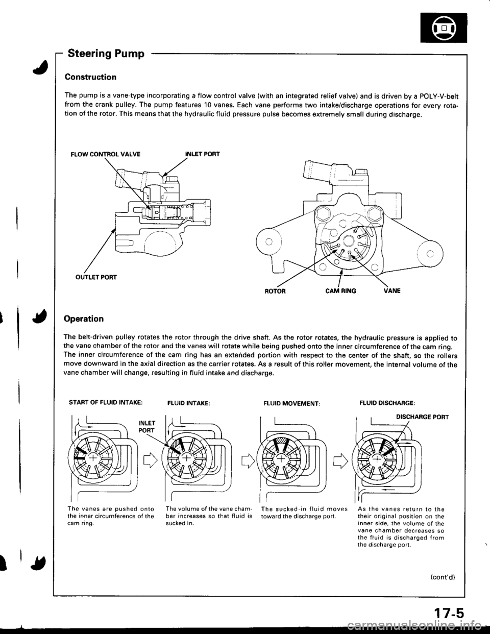 HONDA INTEGRA 1998 4.G User Guide Steering Pump
Construction
The pump is a vane-type incorporating a flow control valve (with an integrated relief valve) and is driven by a POLY-V-belt
from the crank pulley. The pump features 10 vane HONDA INTEGRA 1998 4.G User Guide Steering Pump
Construction
The pump is a vane-type incorporating a flow control valve (with an integrated relief valve) and is driven by a POLY-V-belt
from the crank pulley. The pump features 10 vane