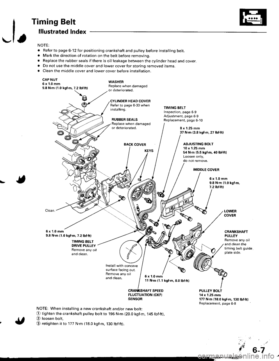 HONDA INTEGRA 1998 4.G Workshop Manual -1,
Timing Belt
lllustrated lndex
NOTE:
. Refer to page 6-12 for positioning crankshaft and pulley before installing belt.. Mark the direction of rotation on the beh before removing.
. Replace the rub HONDA INTEGRA 1998 4.G Workshop Manual -1,
Timing Belt
lllustrated lndex
NOTE:
. Refer to page 6-12 for positioning crankshaft and pulley before installing belt.. Mark the direction of rotation on the beh before removing.
. Replace the rub