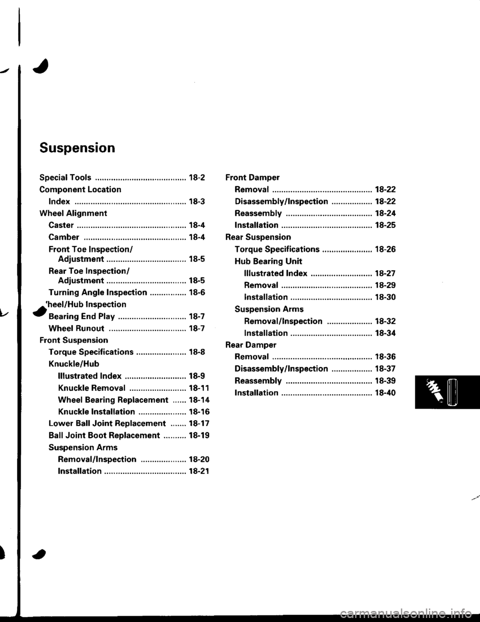 HONDA INTEGRA 1998 4.G Workshop Manual Suspension
Special Tools ............. 18-2
Component Location
lndex ................ ...... 18-3
Wheel Alignment
Caster ............... ...... 18-4
Camber .................. 18-4
Front Toe Inspection