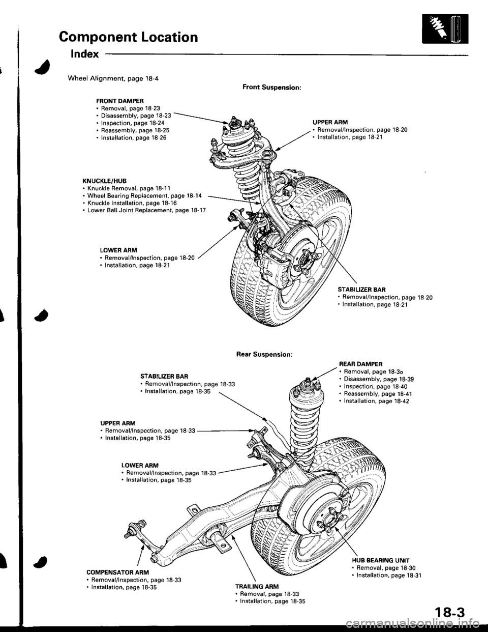 HONDA INTEGRA 1998 4.G Workshop Manual Component Location
lndex
Wheel Alignment, page 18-4
FRONT DAMPER. Removal, page 18 23 Disassembly, page 18-23. Inspection, page 18-24. Reassembly, page 18-25. lnstallation. page 18 26
KNUCKLE/HUB. Kn