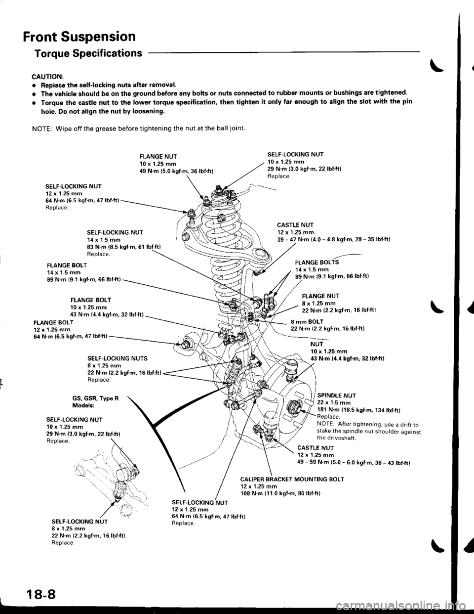 HONDA INTEGRA 1998 4.G Workshop Manual Front Suspension
Torque Specifications
CAUTION:
. Replacc the selt-locking nuts after removal.
. The vehicle should be on the ground before any bolts or nuls connected to rubber mounts or bushings are