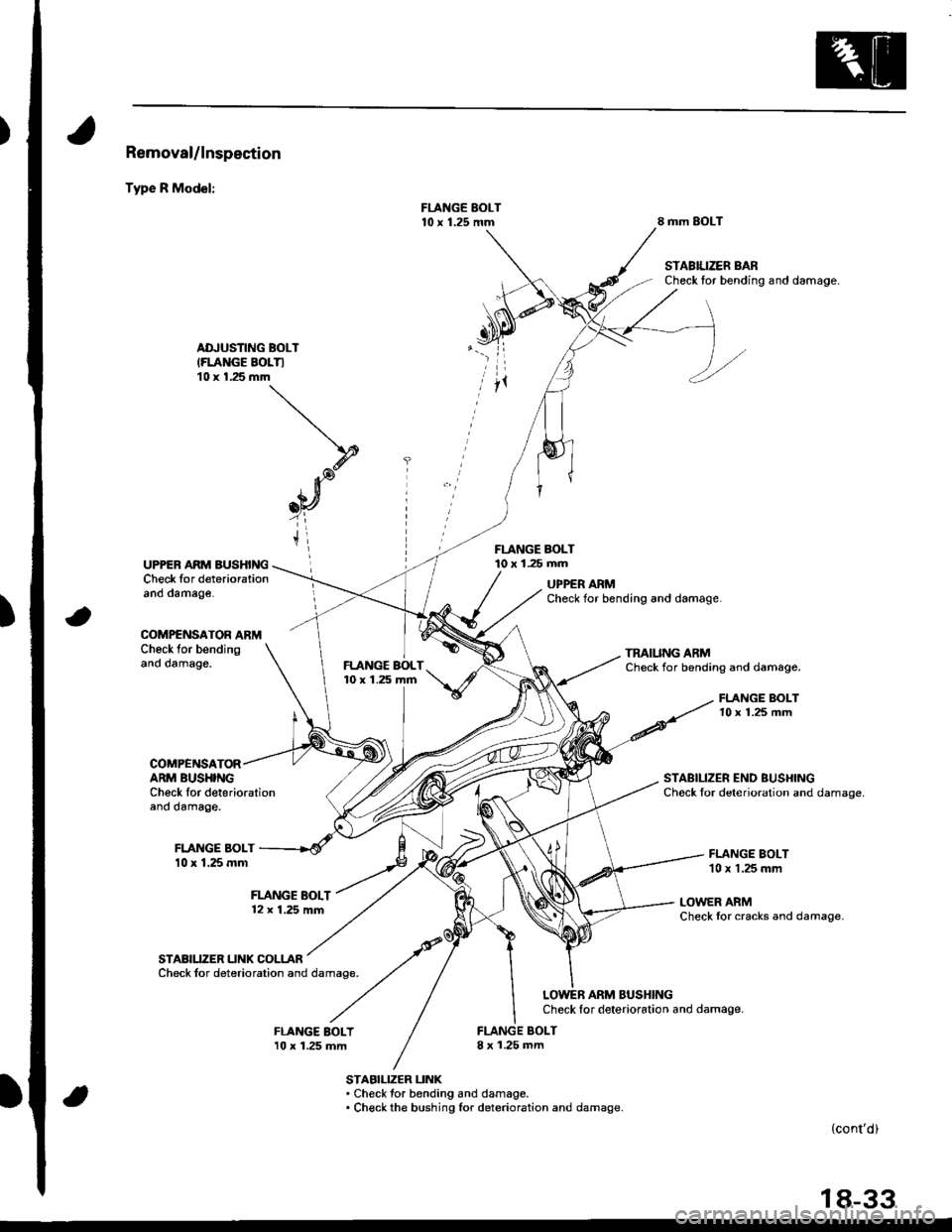 HONDA INTEGRA 1998 4.G Workshop Manual )
)
Removal/lnspection
Type R Model:
8 mm SOLT
STABIUZER BARCheck tor bending and damage.
ADJUSTING BOLT(FLANGE BOLTI10 x 1.25 mm
FLANGE BOLT10 x 1.25 mmUPPER ARM BUSHINGCheck for deteriorationano oam