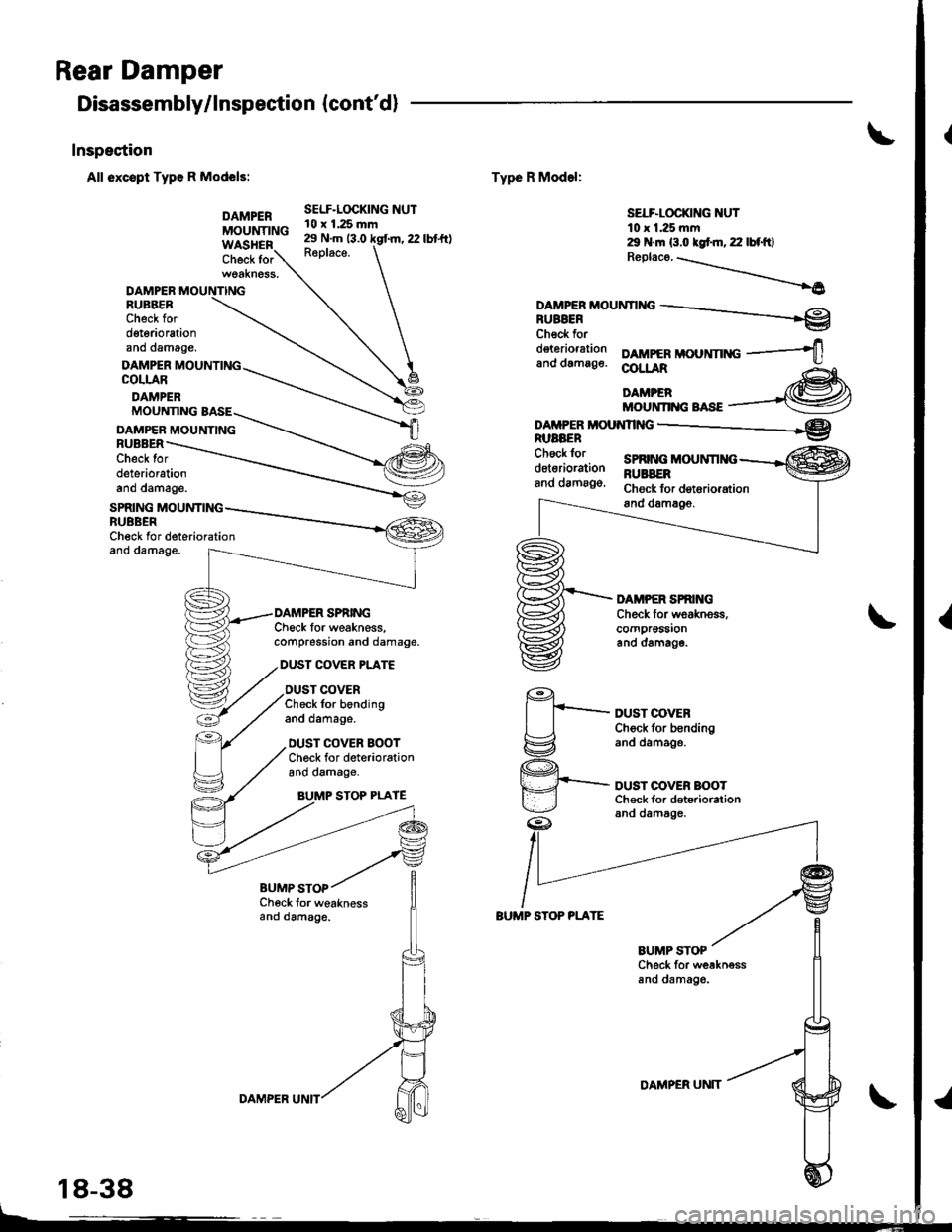 HONDA INTEGRA 1998 4.G Workshop Manual Rear Damper
Disassembly/lnspection {contd}
Inspestion
All oxcspt Typo R Models:
DAMPERMOUNTING
Check for
Check Ior weaknessand damag6.
DAMPERRUEBERCheck ford€t6riorationano damage.
DAMPER MOUNTINGC HONDA INTEGRA 1998 4.G Workshop Manual Rear Damper
Disassembly/lnspection {contd}
Inspestion
All oxcspt Typo R Models:
DAMPERMOUNTING
Check for
Check Ior weaknessand damag6.
DAMPERRUEBERCheck ford€t6riorationano damage.
DAMPER MOUNTINGC