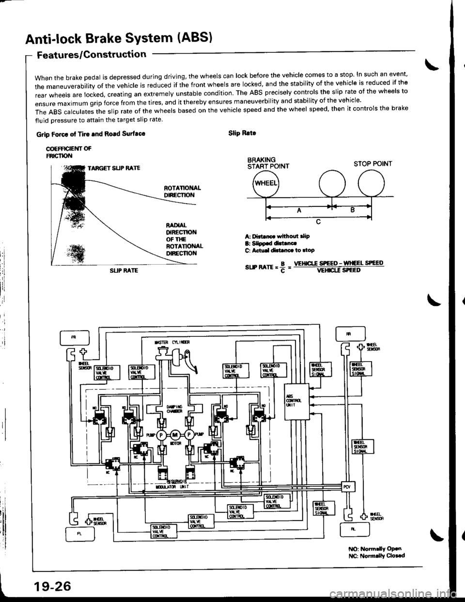 HONDA INTEGRA 1998 4.G Workshop Manual .,i
,I
Anti-lock Brake SYstem (ABS)
when the brake pedal is depressed during driving, the wheels can lock before the vehicle comes to a stop. In such an event.
the maneuverability of the vehicle is re