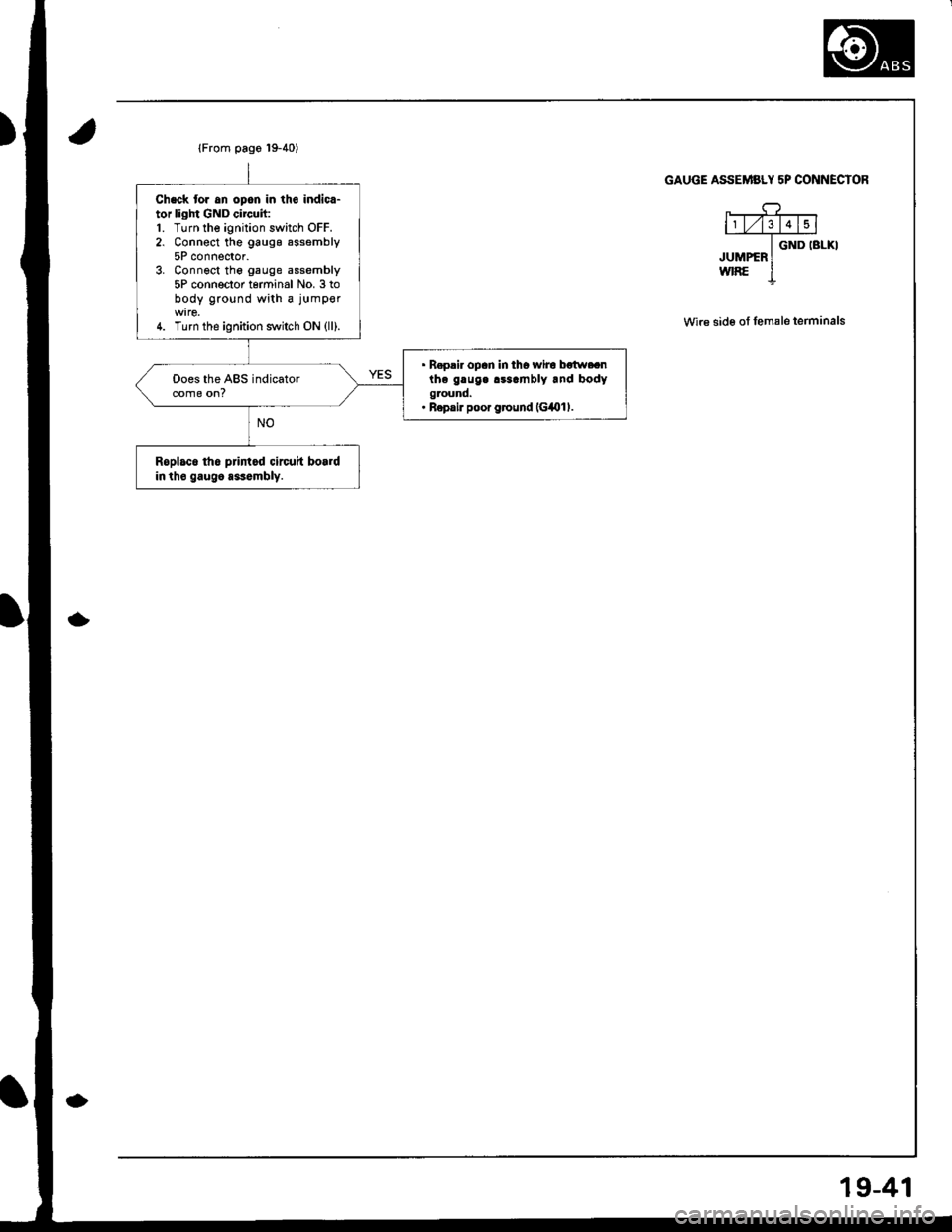 HONDA INTEGRA 1998 4.G Repair Manual Chsck tor an opon in th6 indicr-tor light GND circuh:1. Turn the ignition switch OFF.2. Connect the gaugs assembly5P connector.3. Connect the gauge assembly5P conneclor tgrminal No. 3 tobody ground w HONDA INTEGRA 1998 4.G Repair Manual Chsck tor an opon in th6 indicr-tor light GND circuh:1. Turn the ignition switch OFF.2. Connect the gaugs assembly5P connector.3. Connect the gauge assembly5P conneclor tgrminal No. 3 tobody ground w