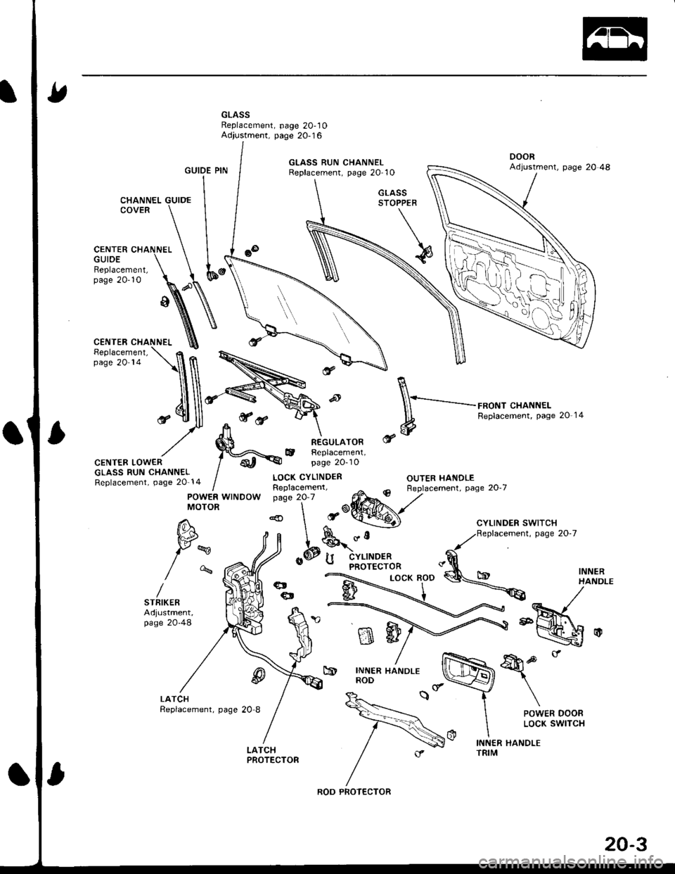 HONDA INTEGRA 1998 4.G Workshop Manual GLASSReplacement, page 20,10Adjustment, page 20-16
GUIDE PIN
CENTER CHANNELGUIDE
,**ry
R
 \-_-..........-..-.-,*oNr .HANNEL
* # 
Replacemenr. pase 20 14
OUTER HANDLE
mw
&p.
\
POWER DOORLOCK SWITCH
c9