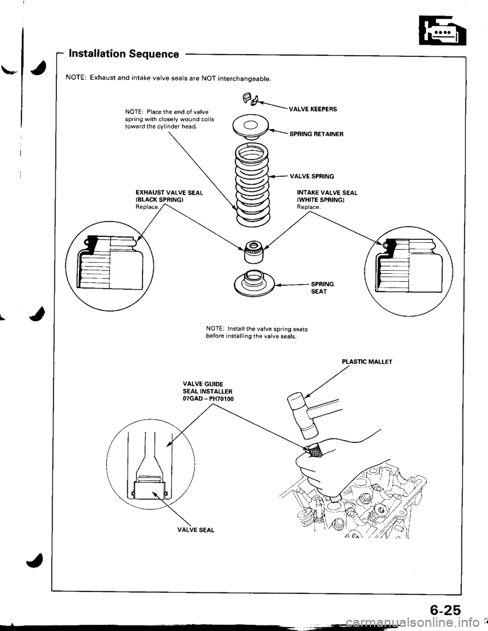 HONDA INTEGRA 1998 4.G Workshop Manual \-
Installation Sequence
Exhaust and intake valve seals are NOT interchanoeable.
NOTE: Place the end of valvespring with closely wound coilstoward the cylinder head.
EXHAUST VALVE SEALIBLACK SPRING}Re HONDA INTEGRA 1998 4.G Workshop Manual \-
Installation Sequence
Exhaust and intake valve seals are NOT interchanoeable.
NOTE: Place the end of valvespring with closely wound coilstoward the cylinder head.
EXHAUST VALVE SEALIBLACK SPRING}Re