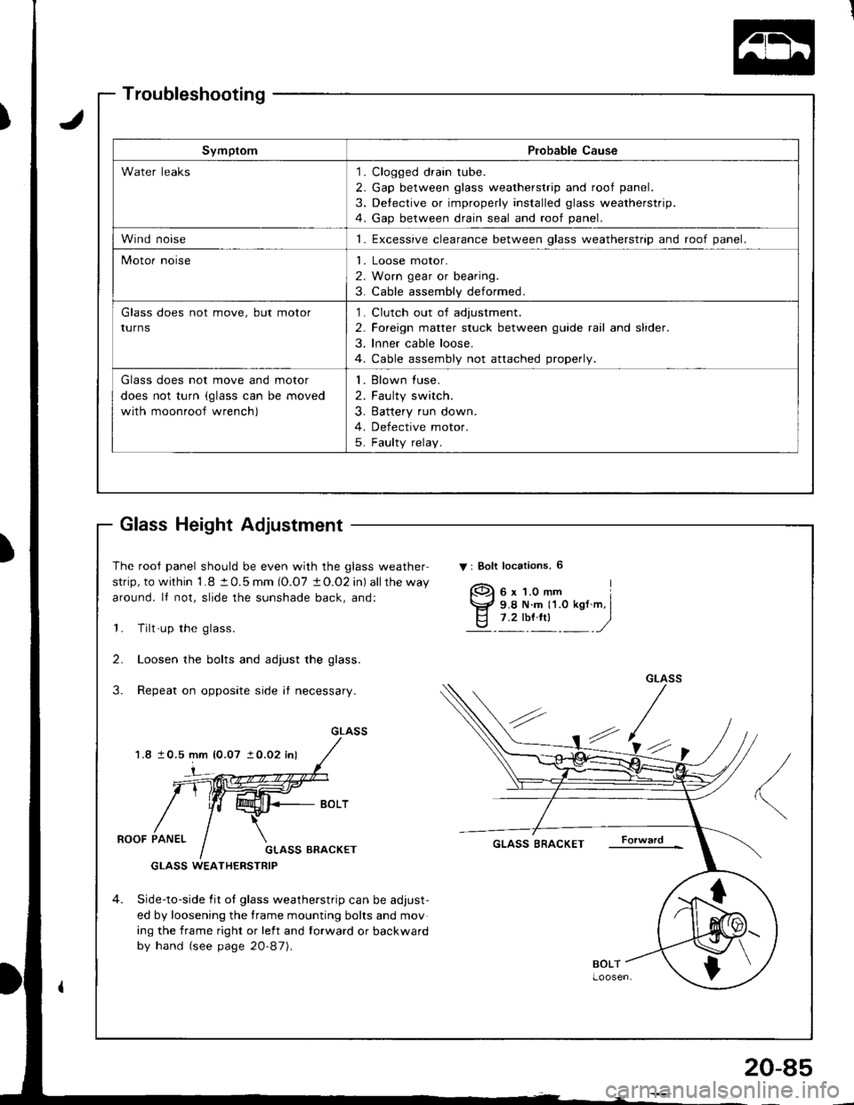 HONDA INTEGRA 1998 4.G Workshop Manual )
Troubleshooting
Glass Height Adjustment
The rooJ panel should be even with the glass weather
strip, to within 1.8 t 0.5 mm (O.O7 tO.O2 in) allthe way
around. It not, slide the sunshade back, and:
1.