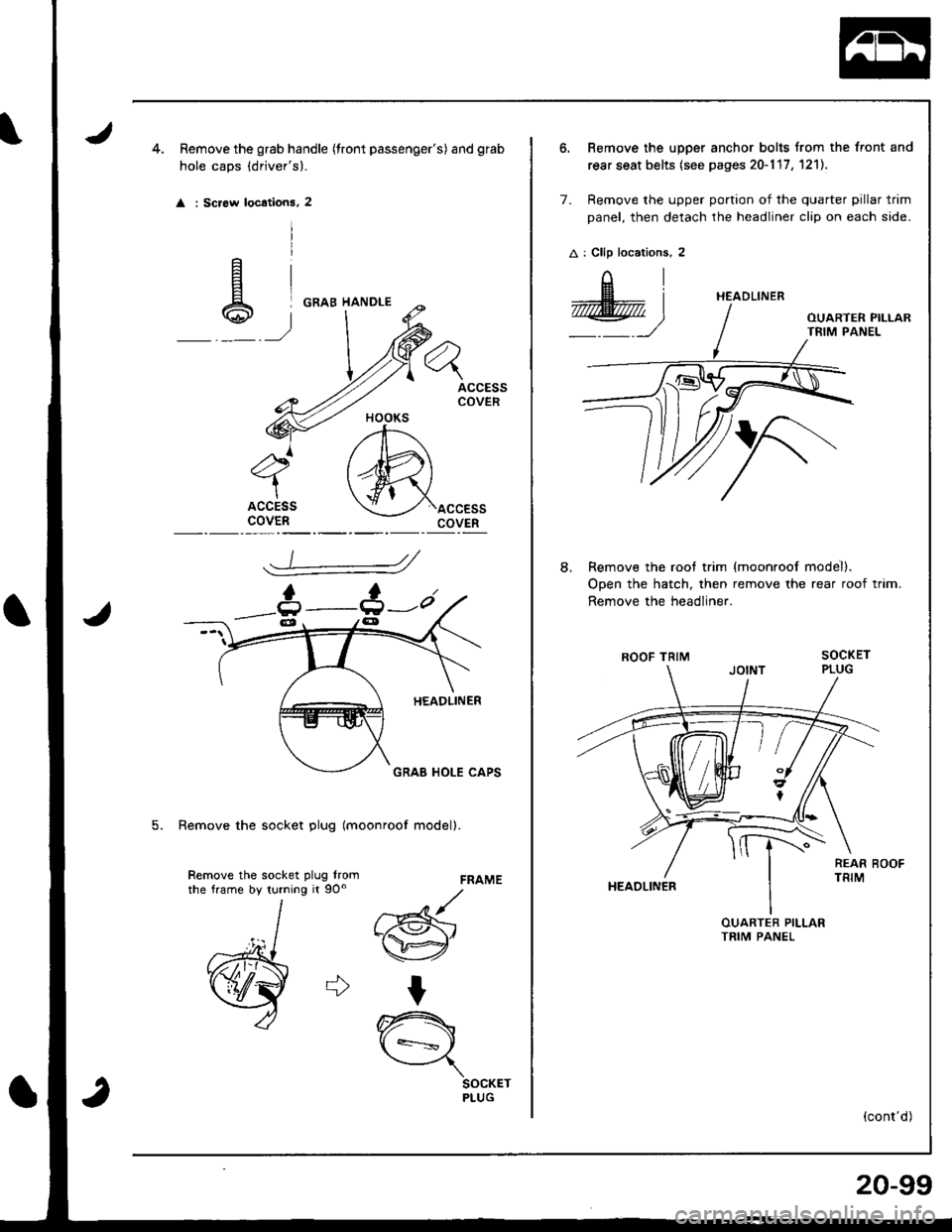 HONDA INTEGRA 1998 4.G Workshop Manual Remove the grab handle (tront passengers) and gfab
hole caps (drjvers).
 
 
: Screw locations, 2
ACCESSCOVER
ACCESScovEnaccEssCOVER
FRAME
d
w"
t
A
\={
SOCKETPLUG
5. Remove the socket plug lmoonroof 