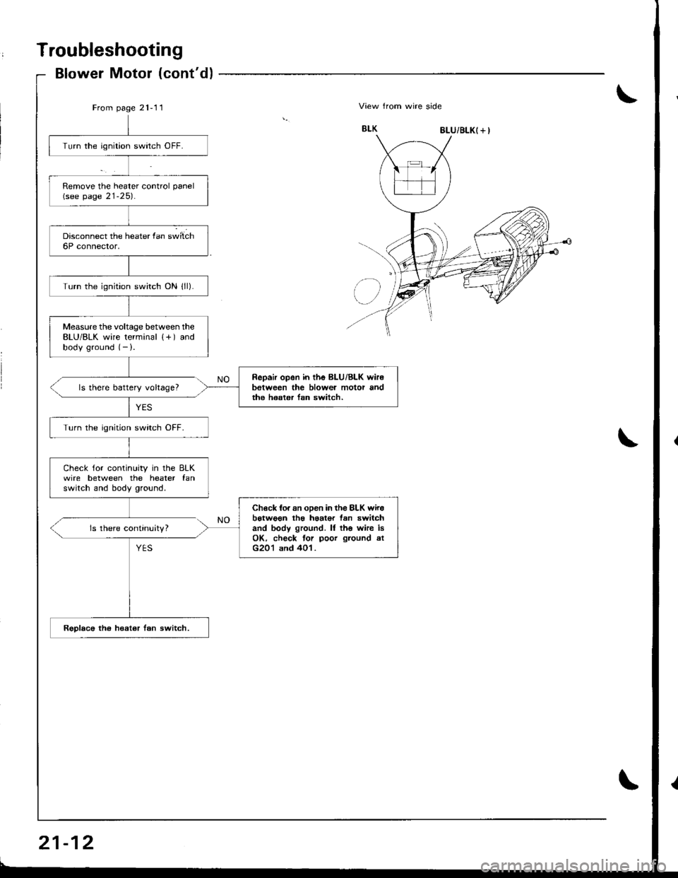 HONDA INTEGRA 1998 4.G Workshop Manual Troubleshooting
Blower Motor (contd)
From page 21-11\View from wire side
8LU/BLK( + I
Turn the ignition switch OFF.
Remove the heater control panel(see page 21-25).
Turn the ignition switch ON lll).
