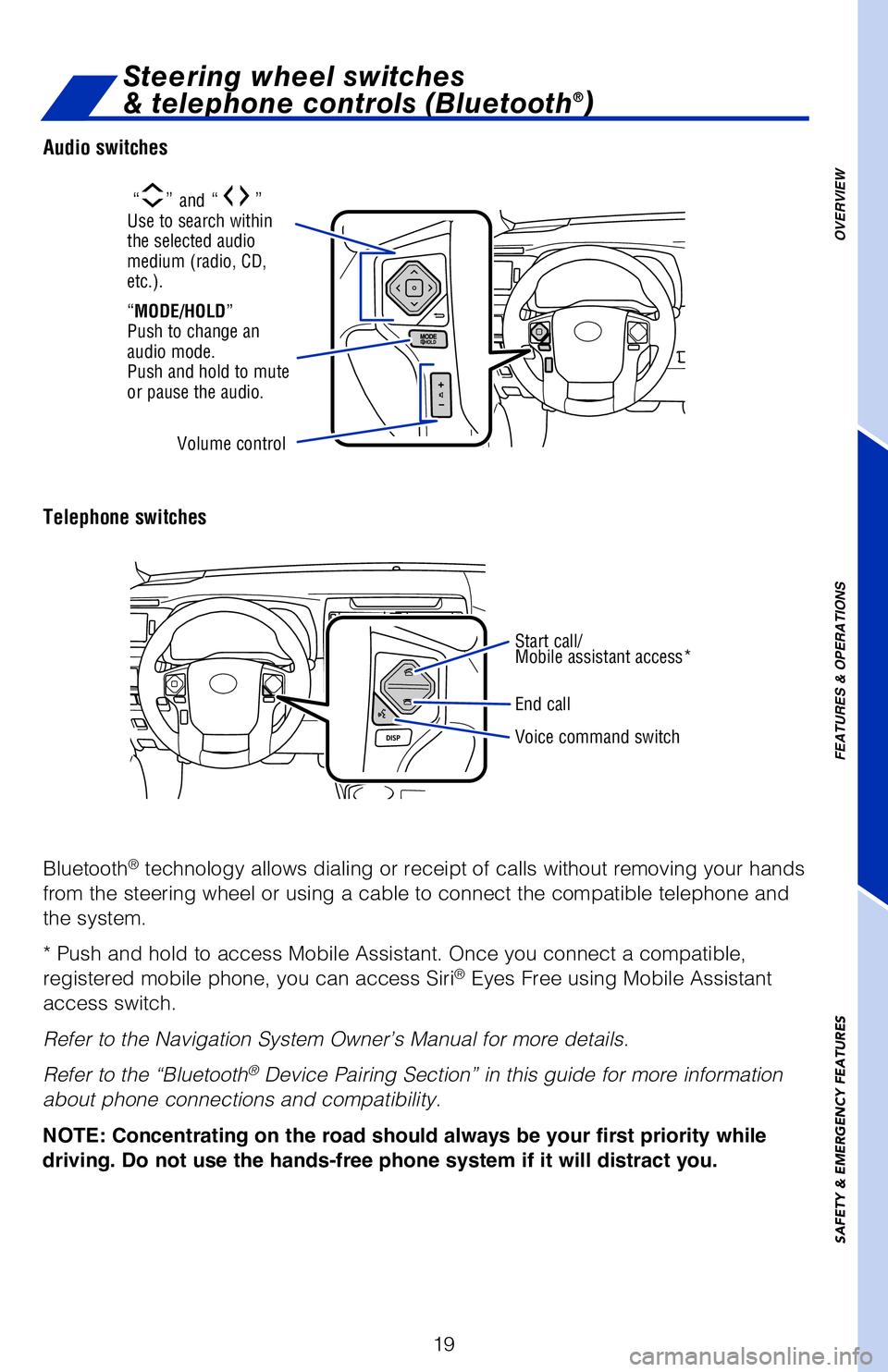 TOYOTA 4RUNNER 2018 (in English) Owners Manual 19
OVERVIEW
FEATURES & OPERATIONS
SAFETY & EMERGENCY FEATURES
Steering wheel switches
& telephone controls (Bluetooth®)
Bluetooth® technology allows dialing or receipt of calls without removing you TOYOTA 4RUNNER 2018 (in English) Owners Manual 19
OVERVIEW
FEATURES & OPERATIONS
SAFETY & EMERGENCY FEATURES
Steering wheel switches
& telephone controls (Bluetooth®)
Bluetooth® technology allows dialing or receipt of calls without removing you