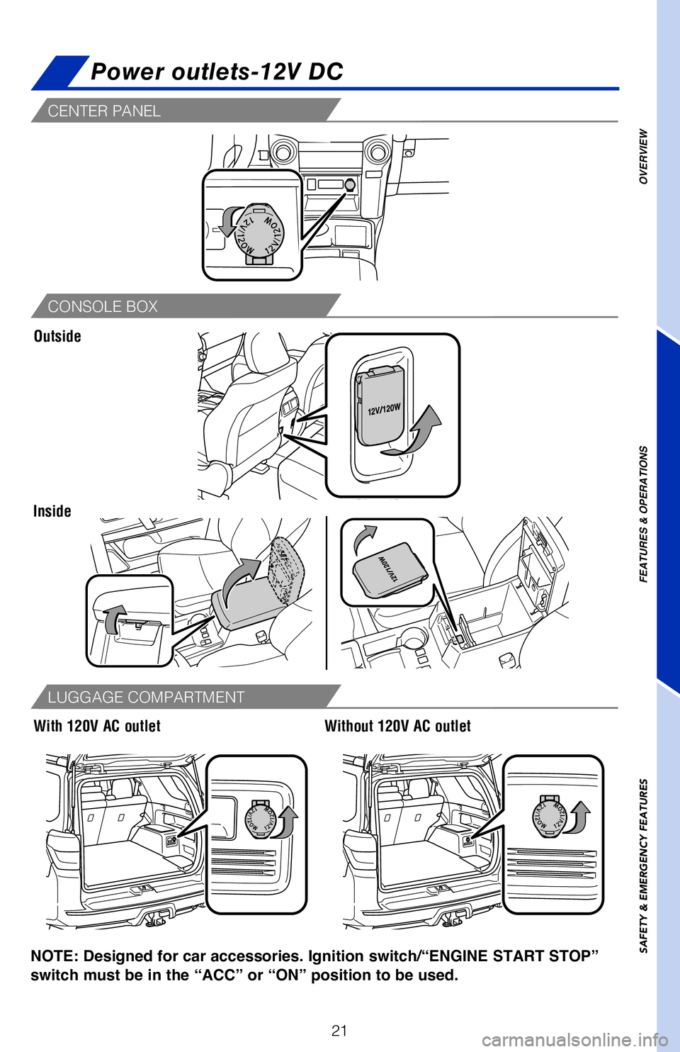 TOYOTA 4RUNNER 2018 (in English) Owners Manual 21
OVERVIEW
FEATURES & OPERATIONS
SAFETY & EMERGENCY FEATURES
NOTE: Designed for car accessories. Ignition switch/“ENGINE START STO\
P”
switch must be in the “ACC” or “ON” position to be TOYOTA 4RUNNER 2018 (in English) Owners Manual 21
OVERVIEW
FEATURES & OPERATIONS
SAFETY & EMERGENCY FEATURES
NOTE: Designed for car accessories. Ignition switch/“ENGINE START STO\
P”
switch must be in the “ACC” or “ON” position to be