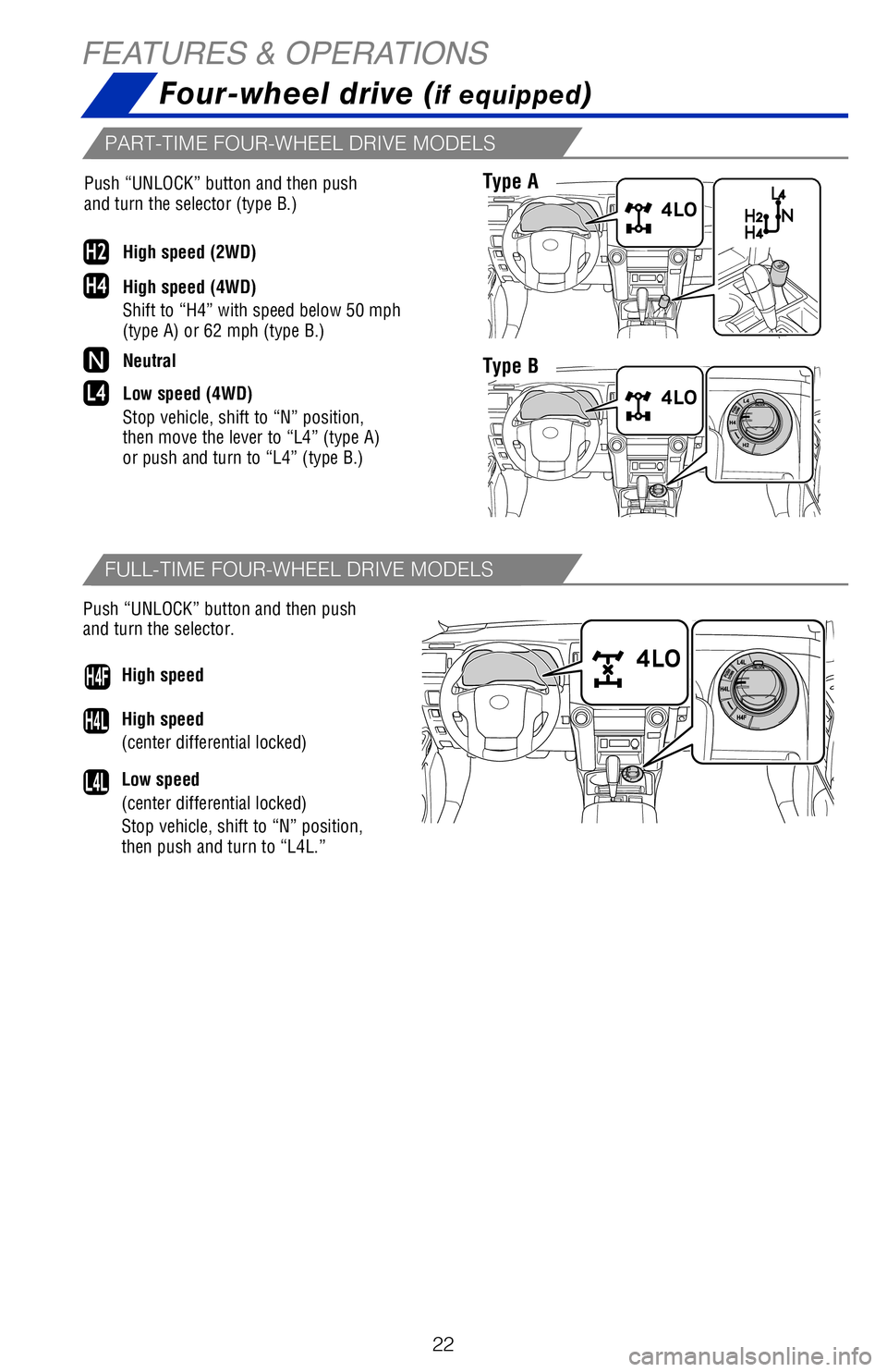 TOYOTA 4RUNNER 2018 (in English) Owners Manual 22
High speed
(center differential locked)
Low speed
(center differential locked)
Stop vehicle, shift to “N” position,
then push and turn to “L4L.”
Push “UNLOCK” button and then push
and TOYOTA 4RUNNER 2018 (in English) Owners Manual 22
High speed
(center differential locked)
Low speed
(center differential locked)
Stop vehicle, shift to “N” position,
then push and turn to “L4L.”
Push “UNLOCK” button and then push
and