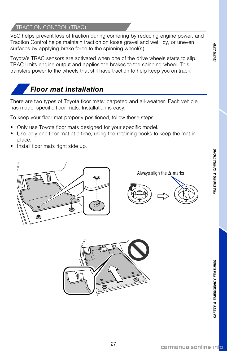 TOYOTA 4RUNNER 2018 (in English) Owners Manual 27
OVERVIEW
FEATURES & OPERATIONS
SAFETY & EMERGENCY FEATURES
Floor mat installation
TRACTION CONTROL (TRAC)
VSC helps prevent loss of traction during cornering by reducing engine p\
ower, and
Tracti TOYOTA 4RUNNER 2018 (in English) Owners Manual 27
OVERVIEW
FEATURES & OPERATIONS
SAFETY & EMERGENCY FEATURES
Floor mat installation
TRACTION CONTROL (TRAC)
VSC helps prevent loss of traction during cornering by reducing engine p\
ower, and
Tracti