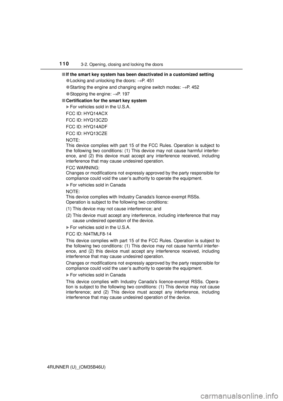 TOYOTA 4RUNNER 2018 Owners Manual (in English) 1103-2. Opening, closing and locking the doors
4RUNNER (U)_(OM35B46U)■
If the smart key system has been deactivated in a customized setting
●Locking and unlocking the doors: →P. 451
● Startin TOYOTA 4RUNNER 2018 Owners Manual (in English) 1103-2. Opening, closing and locking the doors
4RUNNER (U)_(OM35B46U)■
If the smart key system has been deactivated in a customized setting
●Locking and unlocking the doors: →P. 451
● Startin