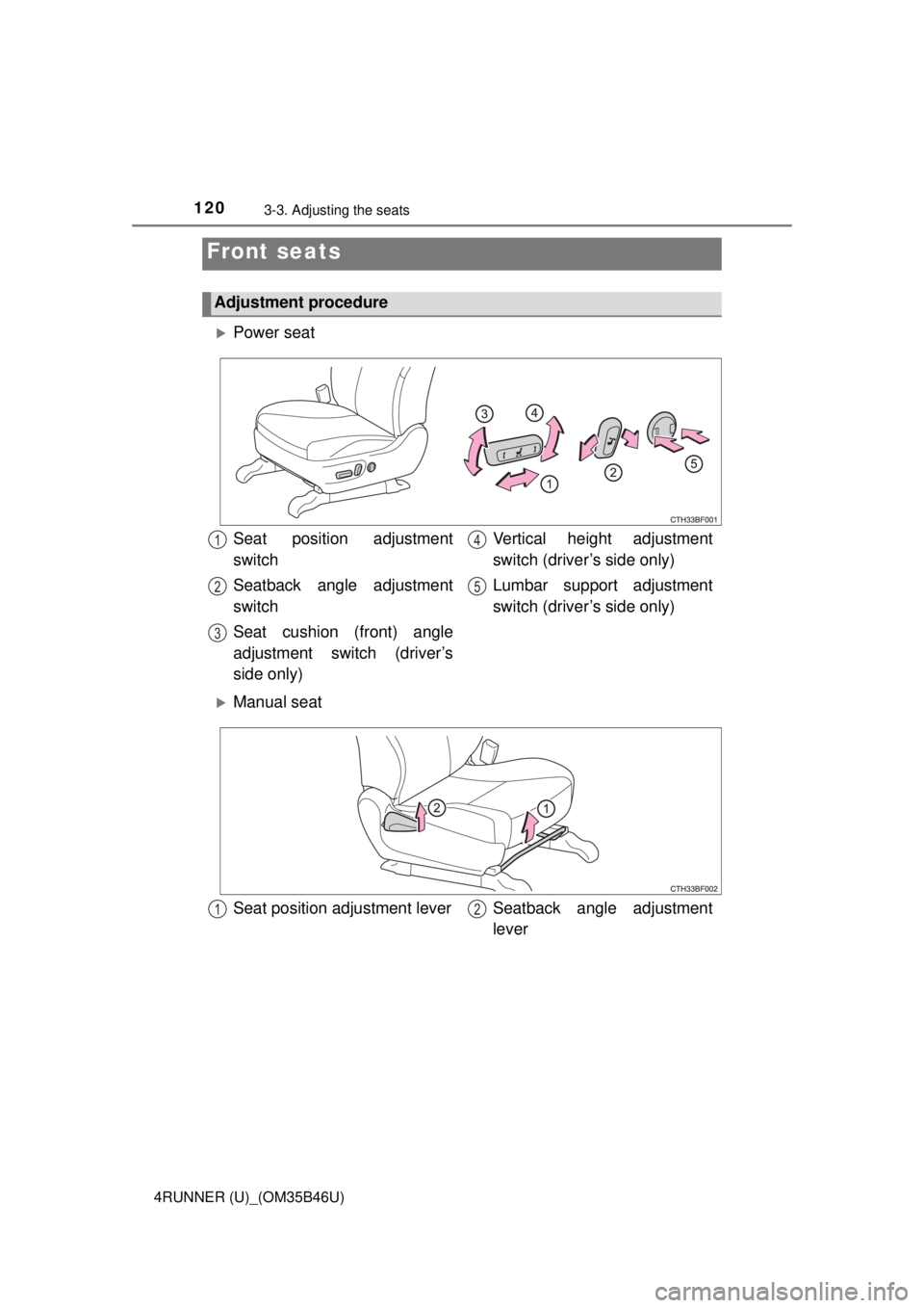 TOYOTA 4RUNNER 2018  Owners Manual (in English) 120
4RUNNER (U)_(OM35B46U)
3-3. Adjusting the seats
Power seat
Manual seat
Front seats
Adjustment procedure
Seat position adjustment
switch
Seatback angle adjustment
switch
Seat cushion (front) 