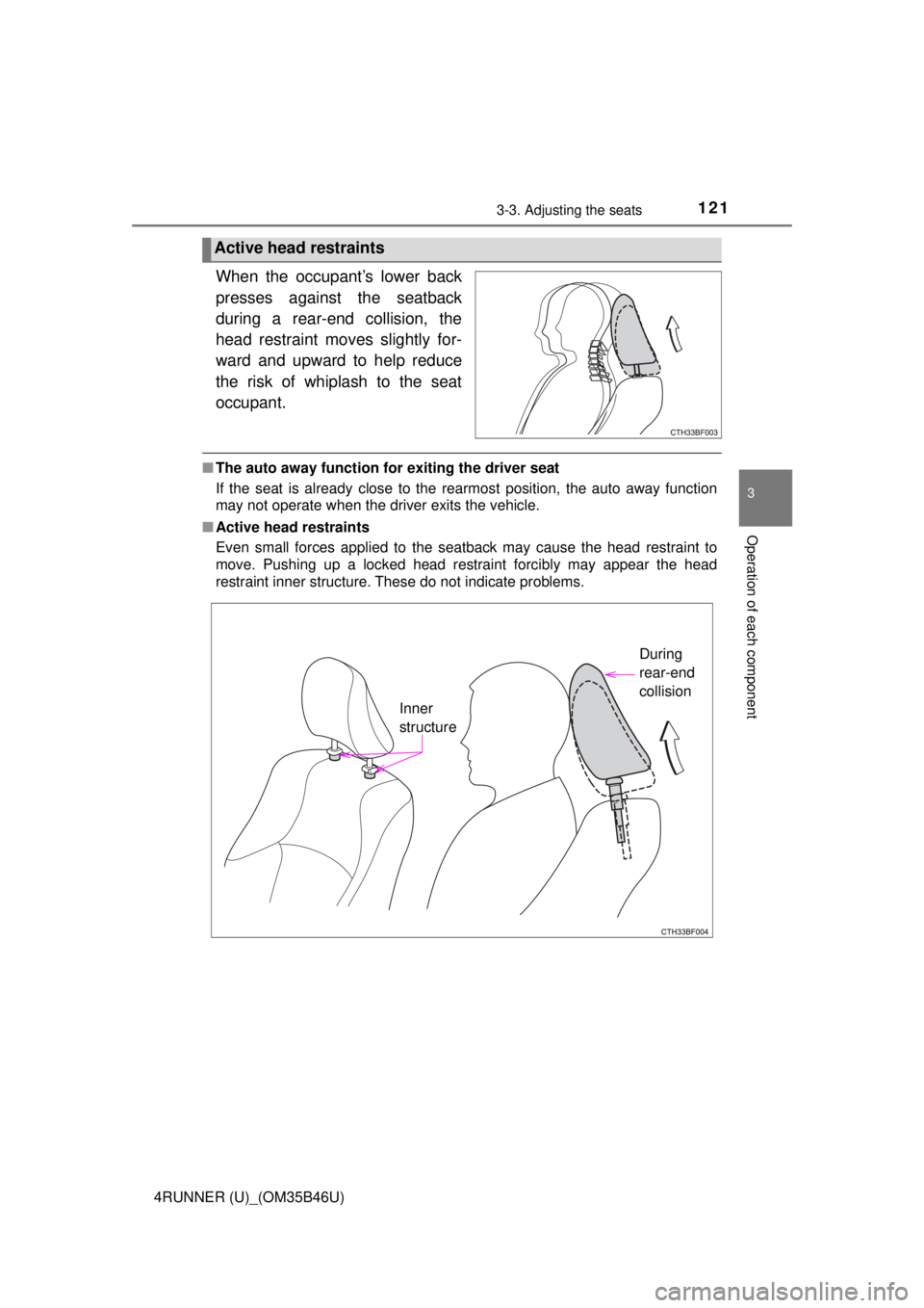 TOYOTA 4RUNNER 2018  Owners Manual (in English) 1213-3. Adjusting the seats
3
Operation of each component
4RUNNER (U)_(OM35B46U)
When the occupant’s lower back
presses against the seatback
during a rear-end collision, the
head restraint moves sli