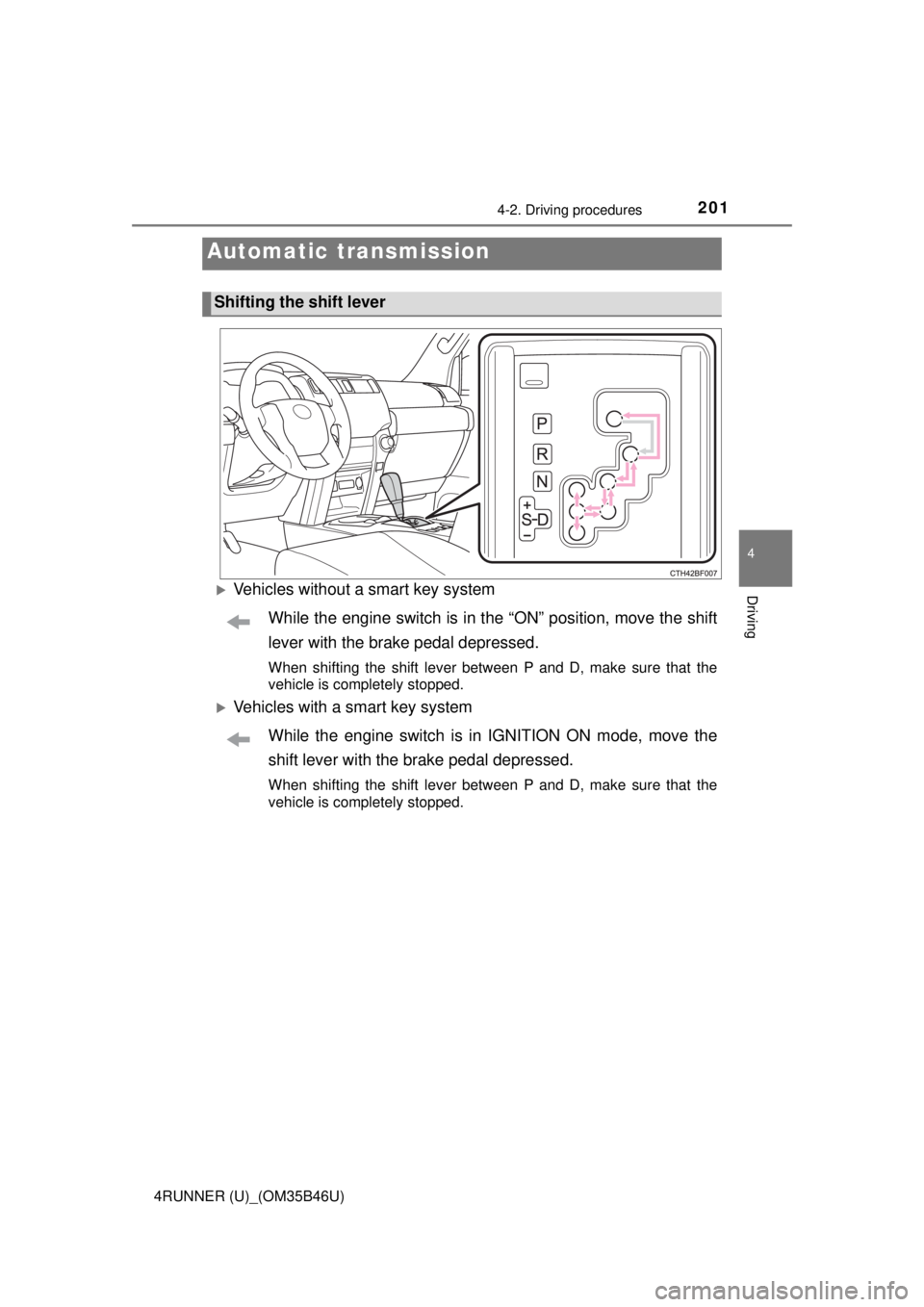 TOYOTA 4RUNNER 2018 Owners Manual (in English) 2014-2. Driving procedures
4
Driving
4RUNNER (U)_(OM35B46U)
Vehicles without a smart key systemWhile the engine switch is in t he “ON” position, move the shift
lever with the brake pedal depres TOYOTA 4RUNNER 2018 Owners Manual (in English) 2014-2. Driving procedures
4
Driving
4RUNNER (U)_(OM35B46U)
Vehicles without a smart key systemWhile the engine switch is in t he “ON” position, move the shift
lever with the brake pedal depres