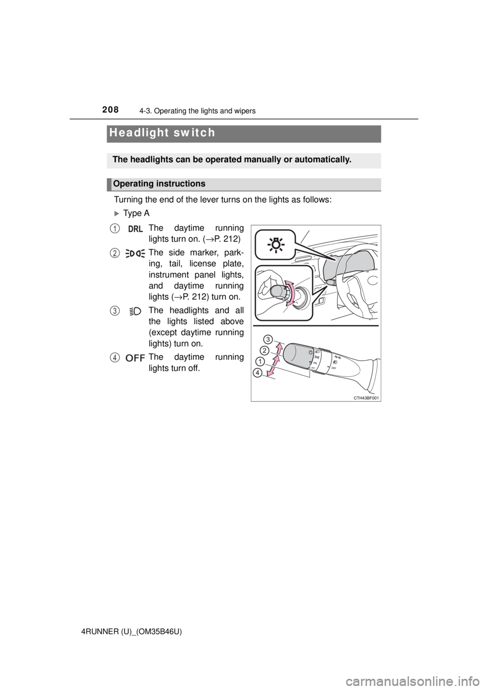 TOYOTA 4RUNNER 2018 Owners Manual (in English) 208
4RUNNER (U)_(OM35B46U)
4-3. Operating the lights and wipers
Turning the end of the lever turns on the lights as follows:
Ty p e AThe daytime runninglights turn on. ( →P. 212)
The side marker TOYOTA 4RUNNER 2018 Owners Manual (in English) 208
4RUNNER (U)_(OM35B46U)
4-3. Operating the lights and wipers
Turning the end of the lever turns on the lights as follows:
Ty p e AThe daytime runninglights turn on. ( →P. 212)
The side marker