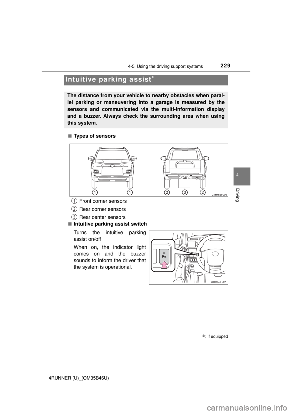 TOYOTA 4RUNNER 2018  Owners Manual (in English) 2294-5. Using the driving support systems
4
Driving
4RUNNER (U)_(OM35B46U)■
Types of sensors
■Intuitive parking assist switch
Turns the intuitive parking
assist on/off
When on, the indicator light