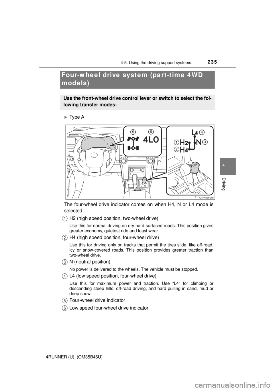 TOYOTA 4RUNNER 2018 Owners Manual (in English) 2354-5. Using the driving support systems
4
Driving
4RUNNER (U)_(OM35B46U)
Ty p e A
The four-wheel drive indicator comes on when H4, N or L4 mode is
selected. H2 (high speed position, two-wheel dr TOYOTA 4RUNNER 2018 Owners Manual (in English) 2354-5. Using the driving support systems
4
Driving
4RUNNER (U)_(OM35B46U)
Ty p e A
The four-wheel drive indicator comes on when H4, N or L4 mode is
selected. H2 (high speed position, two-wheel dr