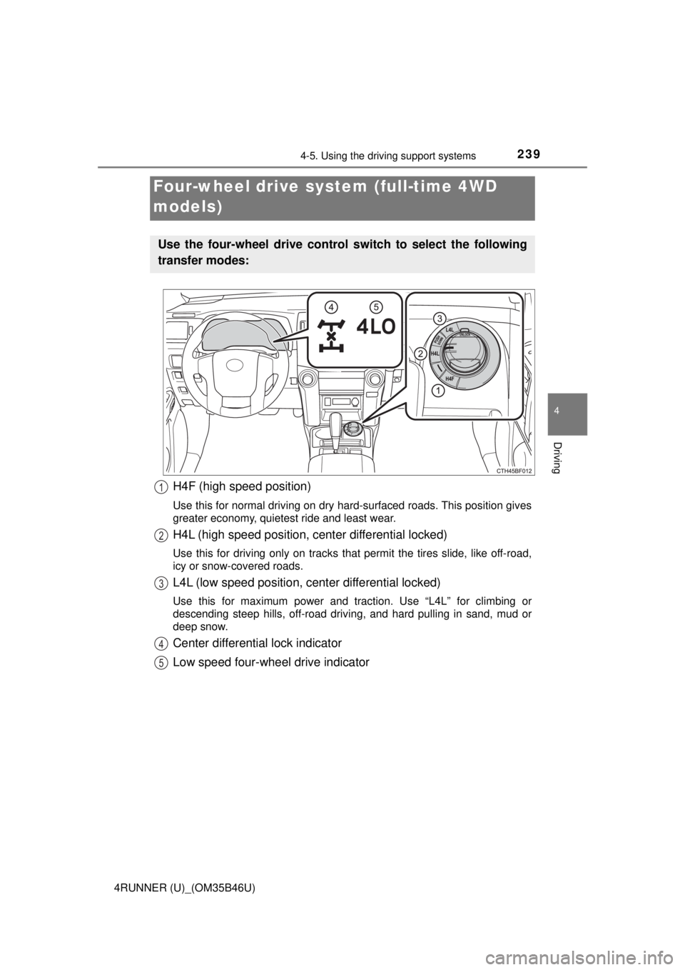 TOYOTA 4RUNNER 2018 Owners Manual (in English) 2394-5. Using the driving support systems
4
Driving
4RUNNER (U)_(OM35B46U)
H4F (high speed position)
Use this for normal driving on dry hard-surfaced roads. This position gives
greater economy, quiete TOYOTA 4RUNNER 2018 Owners Manual (in English) 2394-5. Using the driving support systems
4
Driving
4RUNNER (U)_(OM35B46U)
H4F (high speed position)
Use this for normal driving on dry hard-surfaced roads. This position gives
greater economy, quiete