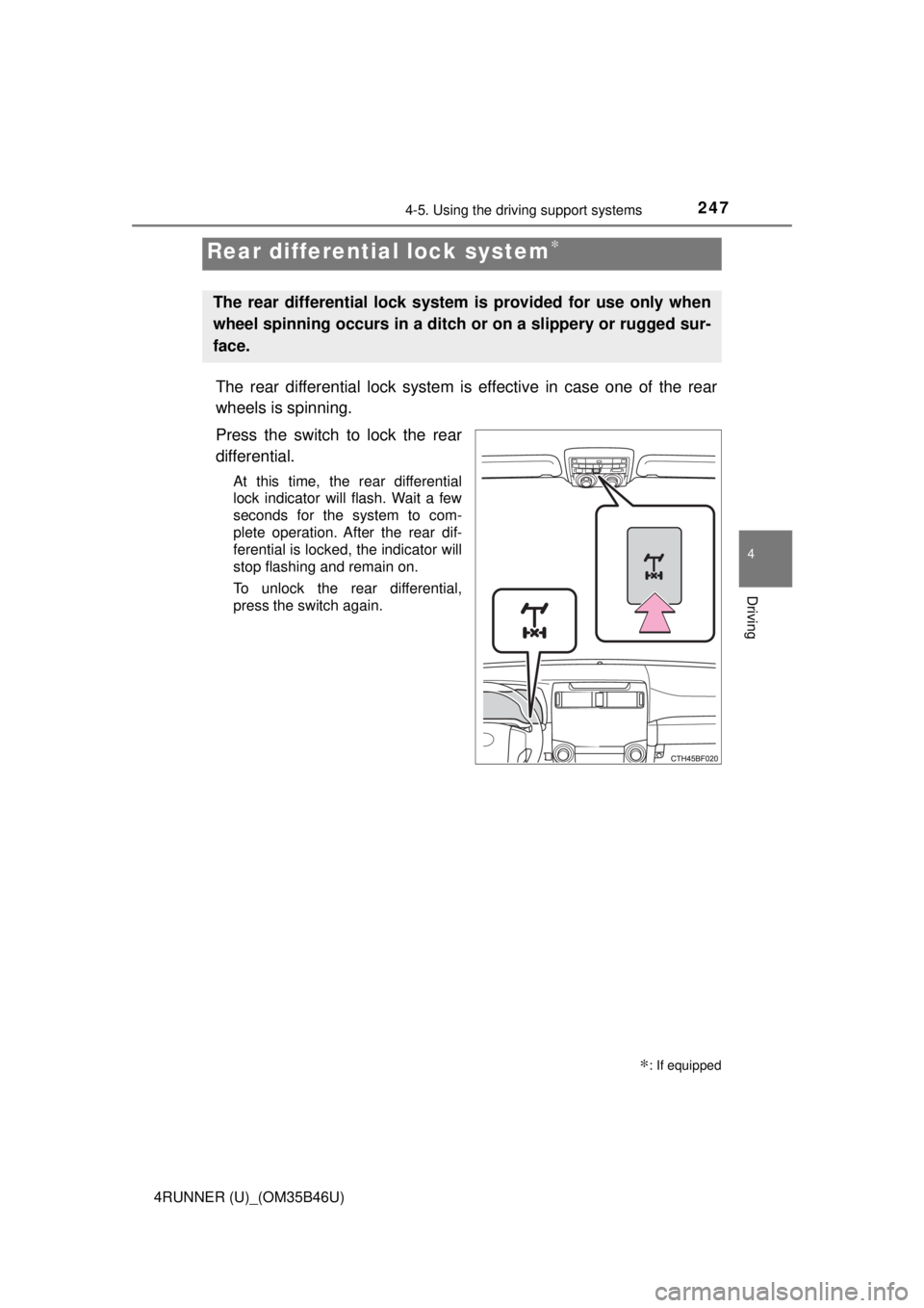 TOYOTA 4RUNNER 2018 Owners Manual (in English) 2474-5. Using the driving support systems
4
Driving
4RUNNER (U)_(OM35B46U)
The rear differential lock system is effective in case one of the rear
wheels is spinning.
Press the switch to lock the rear
TOYOTA 4RUNNER 2018 Owners Manual (in English) 2474-5. Using the driving support systems
4
Driving
4RUNNER (U)_(OM35B46U)
The rear differential lock system is effective in case one of the rear
wheels is spinning.
Press the switch to lock the rear