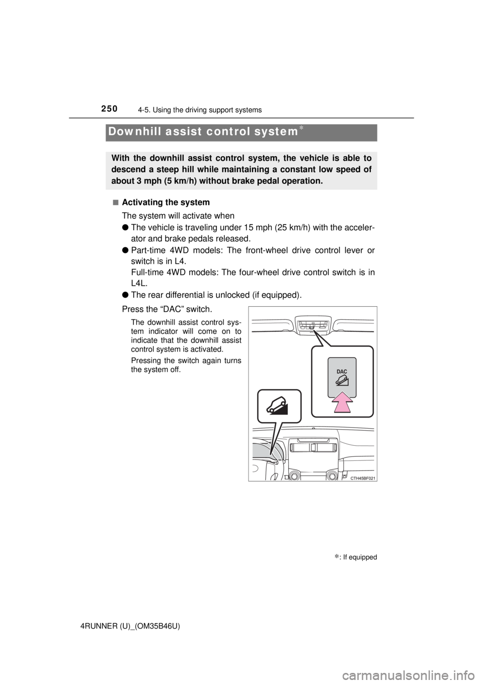 TOYOTA 4RUNNER 2018 Owners Manual (in English) 2504-5. Using the driving support systems
4RUNNER (U)_(OM35B46U)■
Activating the system
The system will activate when
●
The vehicle is traveling under 15 mph (25 km/h) with the acceler-
ator and TOYOTA 4RUNNER 2018 Owners Manual (in English) 2504-5. Using the driving support systems
4RUNNER (U)_(OM35B46U)■
Activating the system
The system will activate when
●
The vehicle is traveling under 15 mph (25 km/h) with the acceler-
ator and