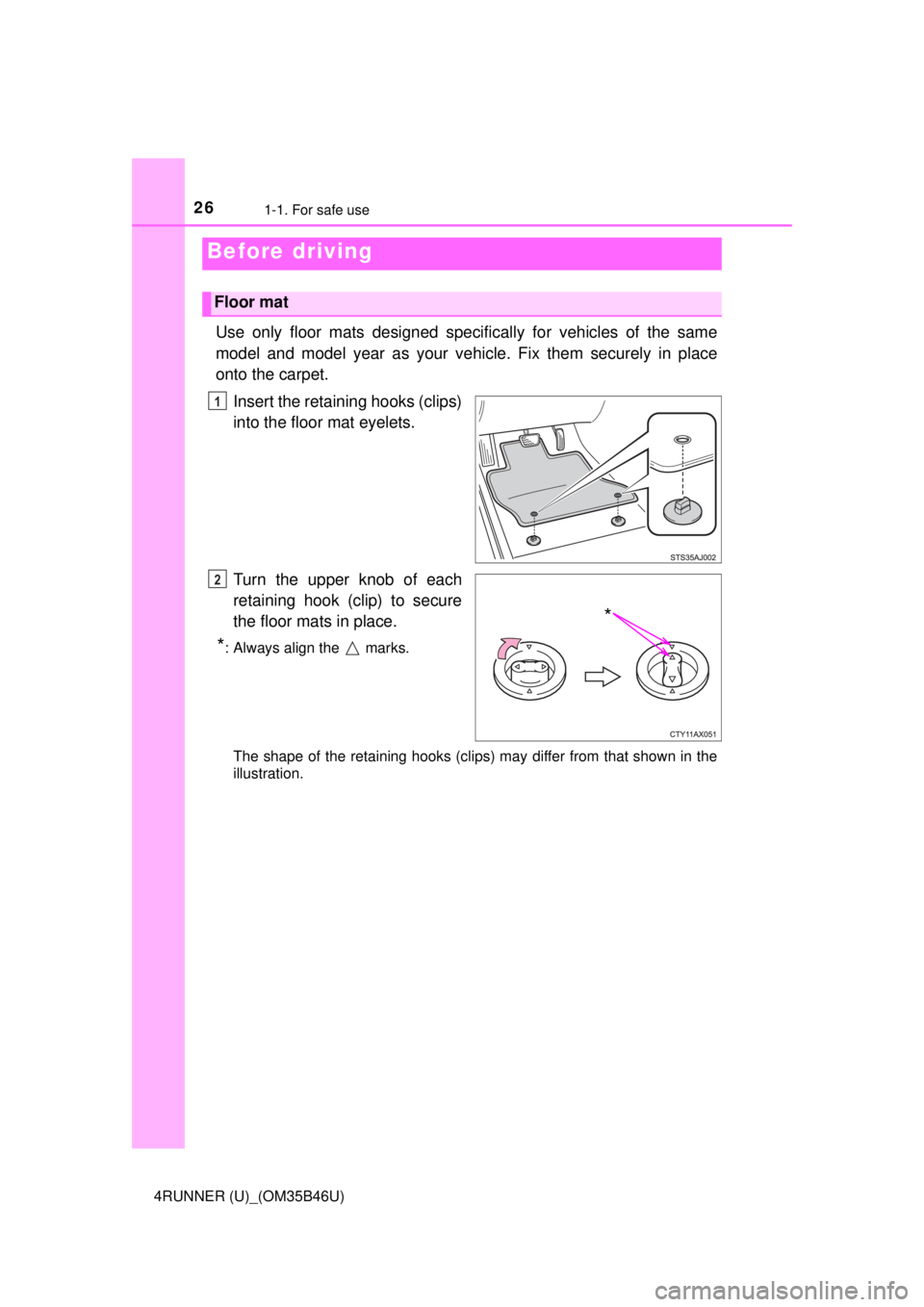 TOYOTA 4RUNNER 2018 (in English) Owners Manual 26
4RUNNER (U)_(OM35B46U)
1-1. For safe use
Use only floor mats designed specifically for vehicles of the same
model and model year as your vehi cle. Fix them securely in place
onto the carpet.
Insert TOYOTA 4RUNNER 2018 (in English) Owners Manual 26
4RUNNER (U)_(OM35B46U)
1-1. For safe use
Use only floor mats designed specifically for vehicles of the same
model and model year as your vehi cle. Fix them securely in place
onto the carpet.
Insert