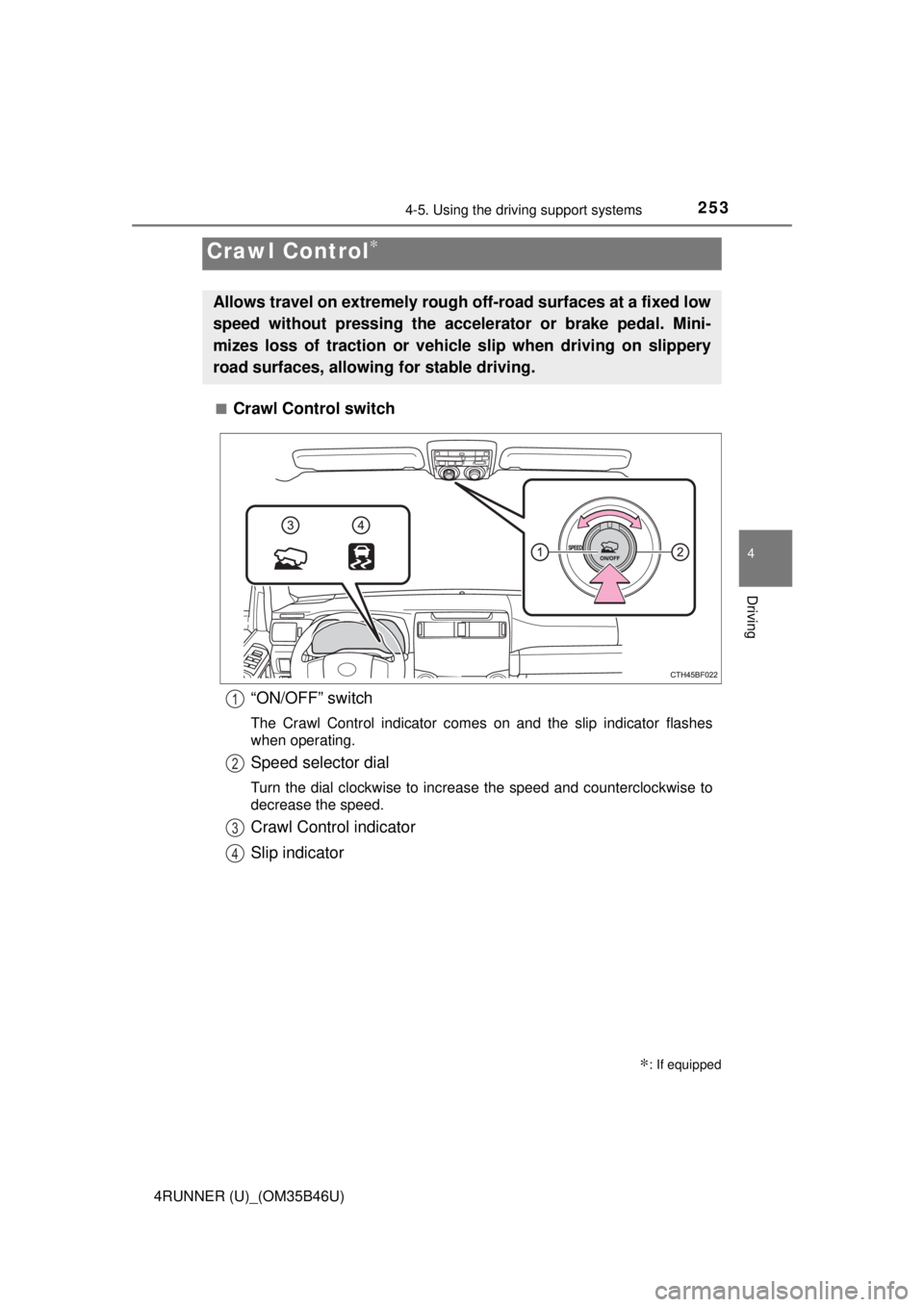 TOYOTA 4RUNNER 2018 Owners Manual (in English) 2534-5. Using the driving support systems
4
Driving
4RUNNER (U)_(OM35B46U)■
Crawl Control switch
Crawl Control∗
∗: If equipped
Allows travel on extremely rough o
ff-road surfaces at a fixed low
TOYOTA 4RUNNER 2018 Owners Manual (in English) 2534-5. Using the driving support systems
4
Driving
4RUNNER (U)_(OM35B46U)■
Crawl Control switch
Crawl Control∗
∗: If equipped
Allows travel on extremely rough o
ff-road surfaces at a fixed low