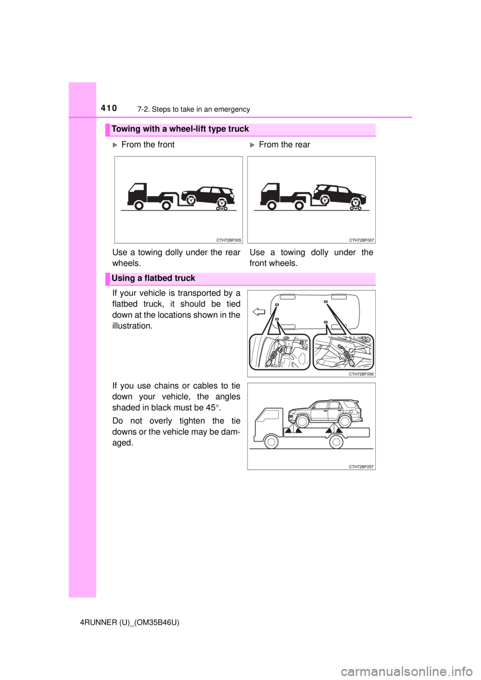 TOYOTA 4RUNNER 2018  Owners Manual (in English) 4107-2. Steps to take in an emergency
4RUNNER (U)_(OM35B46U)
If your vehicle is transported by a
flatbed truck, it should be tied
down at the locations shown in the
illustration.
If you use chains or 