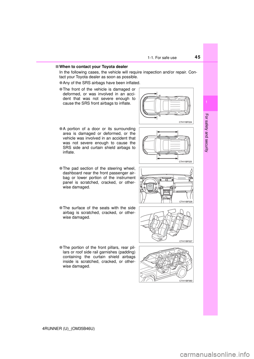 TOYOTA 4RUNNER 2018  Owners Manual (in English) 451-1. For safe use
1
For safety and security
4RUNNER (U)_(OM35B46U)■
When to contact your Toyota dealer
In the following cases, the vehicle will require inspection and/or repair. Con-
tact your Toy