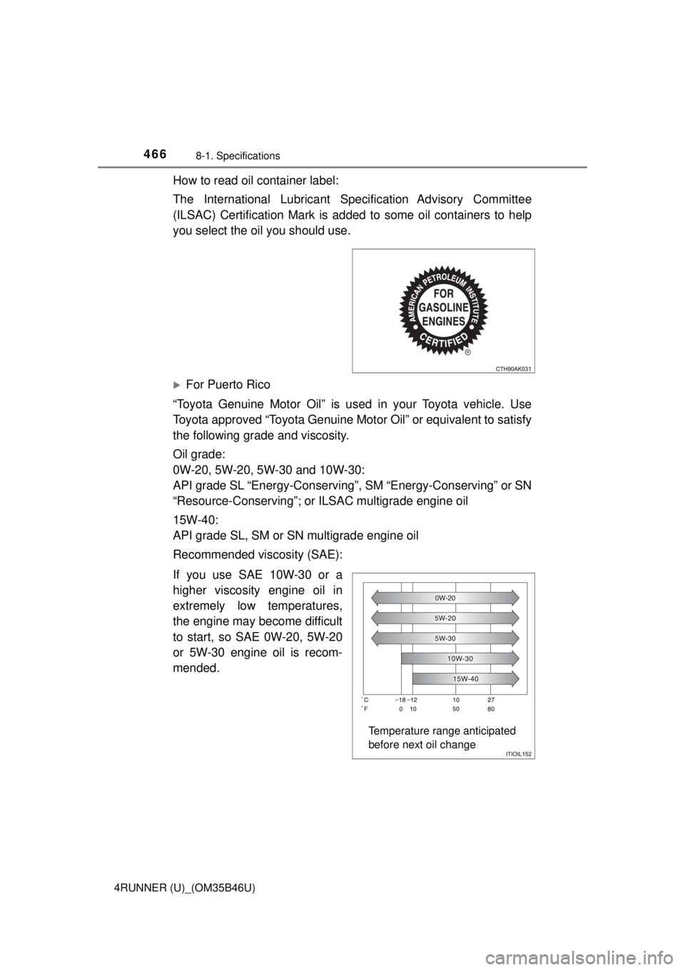 TOYOTA 4RUNNER 2018 Owners Manual (in English) 4668-1. Specifications
4RUNNER (U)_(OM35B46U)
How to read oil container label:
The International Lubricant Specification Advisory Committee
(ILSAC) Certification Mark is ad ded to some oil container TOYOTA 4RUNNER 2018 Owners Manual (in English) 4668-1. Specifications
4RUNNER (U)_(OM35B46U)
How to read oil container label:
The International Lubricant Specification Advisory Committee
(ILSAC) Certification Mark is ad ded to some oil container