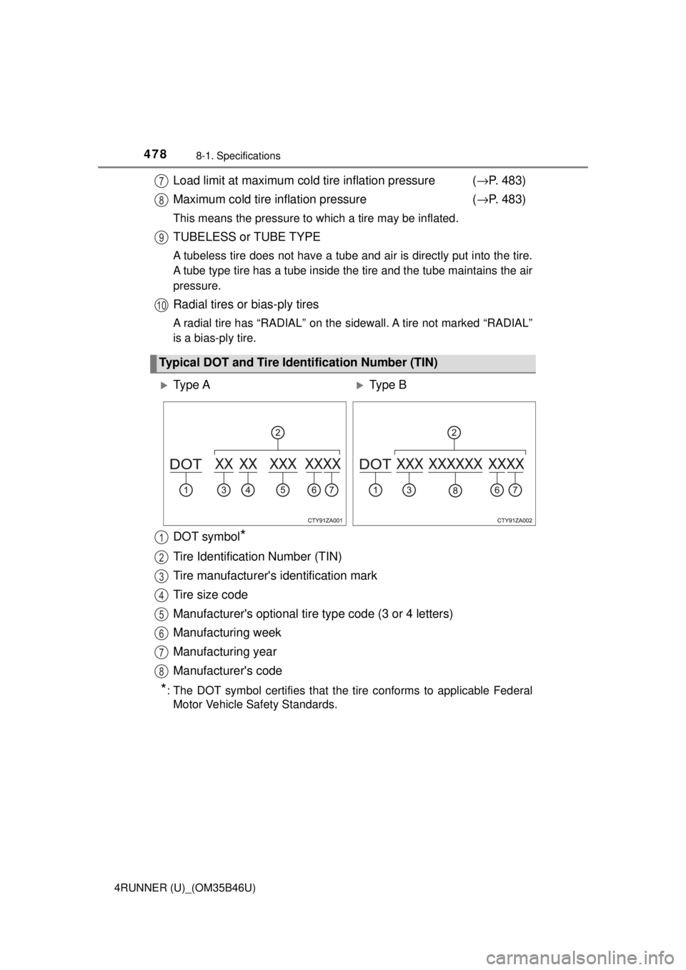 TOYOTA 4RUNNER 2018 Owners Manual (in English) 4788-1. Specifications
4RUNNER (U)_(OM35B46U)
Load limit at maximum cold tire inflation pressure (→P. 483)
Maximum cold tire inflation pressure (→ P. 483)
This means the pressure to which a tire TOYOTA 4RUNNER 2018 Owners Manual (in English) 4788-1. Specifications
4RUNNER (U)_(OM35B46U)
Load limit at maximum cold tire inflation pressure (→P. 483)
Maximum cold tire inflation pressure (→ P. 483)
This means the pressure to which a tire