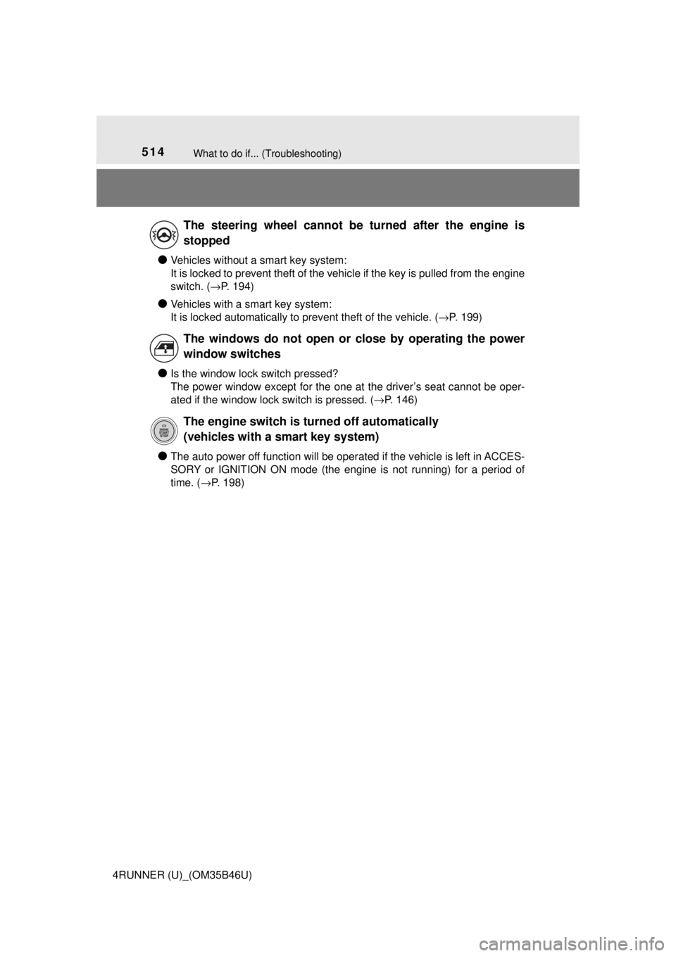 TOYOTA 4RUNNER 2018 Owners Manual (in English) 514What to do if... (Troubleshooting)
4RUNNER (U)_(OM35B46U)
●Vehicles without a smart key system:
It is locked to prevent theft of the vehicle if the key is pulled from the engine
switch. (→P. 19 TOYOTA 4RUNNER 2018 Owners Manual (in English) 514What to do if... (Troubleshooting)
4RUNNER (U)_(OM35B46U)
●Vehicles without a smart key system:
It is locked to prevent theft of the vehicle if the key is pulled from the engine
switch. (→P. 19