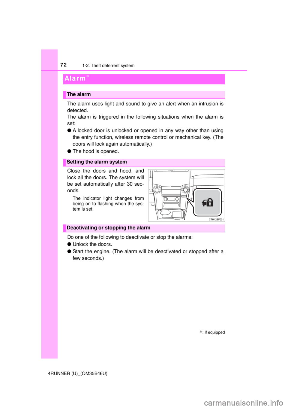 TOYOTA 4RUNNER 2018 (in English) Manual PDF 721-2. Theft deterrent system
4RUNNER (U)_(OM35B46U)
The alarm uses light and sound to give an alert when an intrusion is
detected.
The alarm is triggered in the following situations when the alarm is TOYOTA 4RUNNER 2018 (in English) Manual PDF 721-2. Theft deterrent system
4RUNNER (U)_(OM35B46U)
The alarm uses light and sound to give an alert when an intrusion is
detected.
The alarm is triggered in the following situations when the alarm is