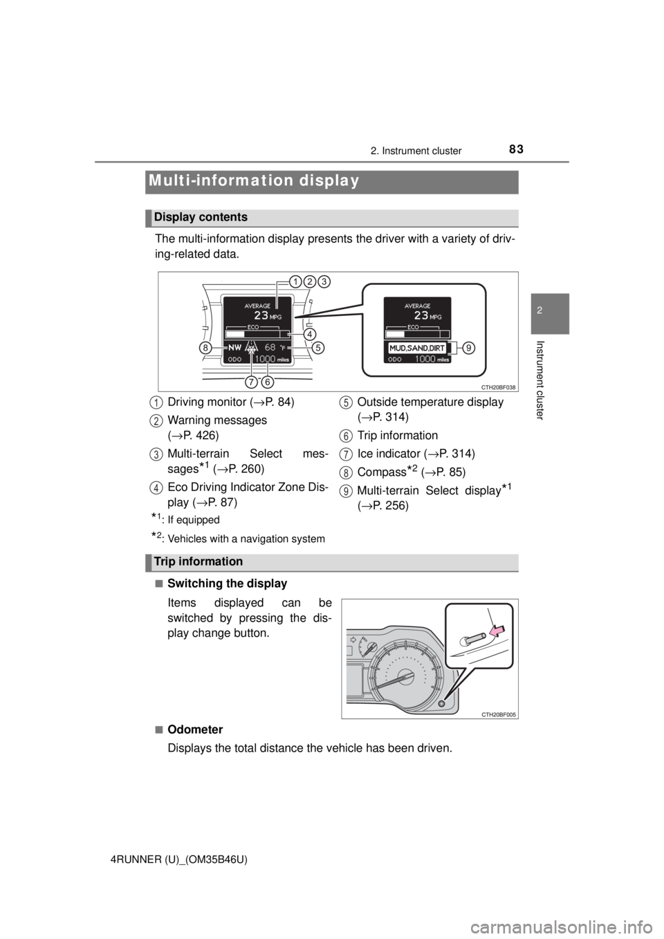 TOYOTA 4RUNNER 2018   (in English) Manual Online 832. Instrument cluster
2
Instrument cluster
4RUNNER (U)_(OM35B46U)
The multi-information display presents the driver with a variety of driv-
ing-related data.
*1: If equipped
*2: Vehicles with a navi