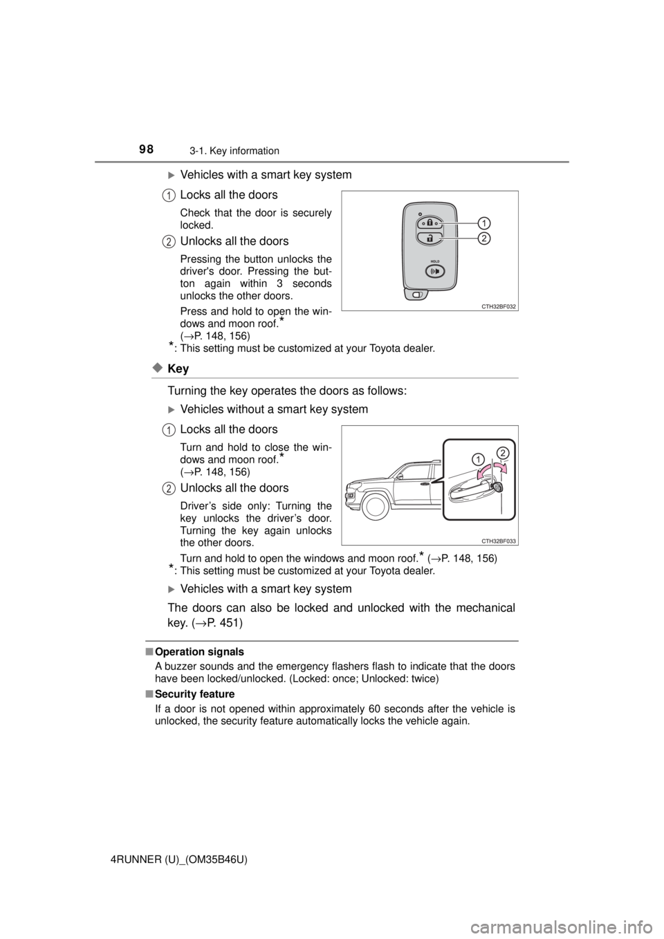 TOYOTA 4RUNNER 2018 Owners Manual (in English) 983-1. Key information
4RUNNER (U)_(OM35B46U)
Vehicles with a smart key system
Locks all the doors
Check that the door is securely
locked.
Unlocks all the doors
Pressing the button unlocks the
driv TOYOTA 4RUNNER 2018 Owners Manual (in English) 983-1. Key information
4RUNNER (U)_(OM35B46U)
Vehicles with a smart key system
Locks all the doors
Check that the door is securely
locked.
Unlocks all the doors
Pressing the button unlocks the
driv