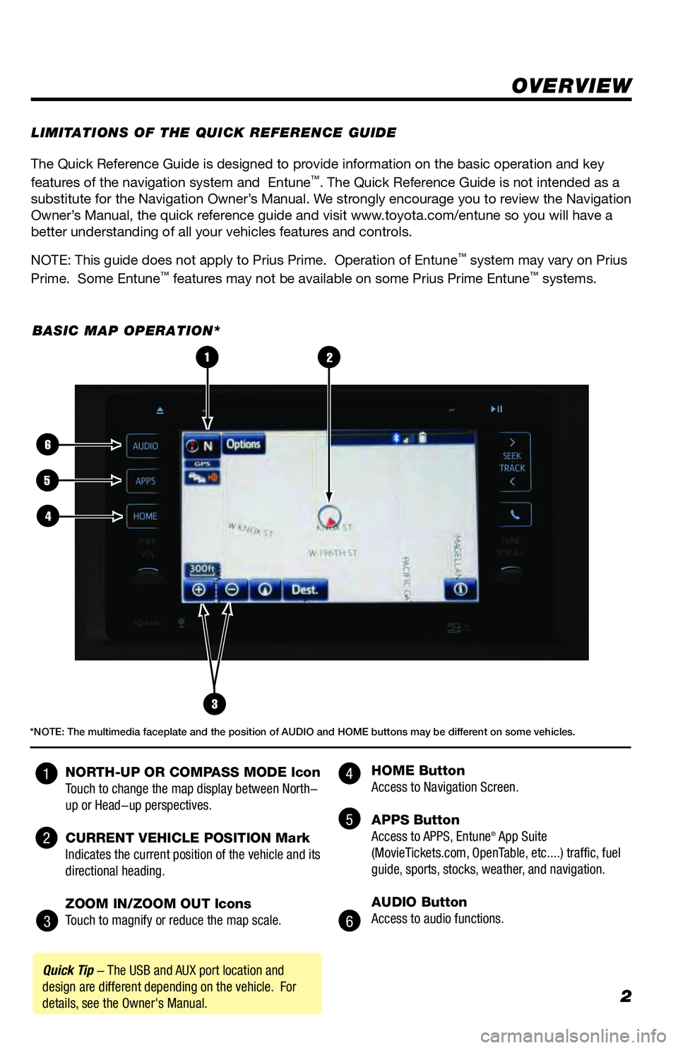 TOYOTA 4RUNNER 2018  Accessories, Audio & Navigation (in English) 2
The Quick Reference Guide is designed to provide information on the basic operation and key 
features of the navigation system and  Entune™. The Quick Reference Guide is not intended as a 
substit
