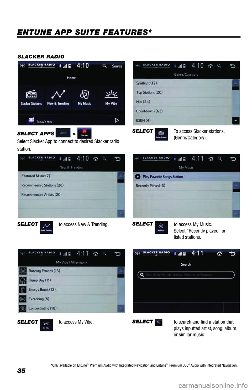 TOYOTA 4RUNNER 2018 Accessories, Audio & Navigation (in English) 35
SLACKER RADIO
SELECT APPS
>
Select Slacker App to connect to desired Slacker radio
station.
ENTUNE APP SUITE FEATURES*
SELECT
SELECT
SELECT
SELECT
SELECT
To access Slacker stations TOYOTA 4RUNNER 2018 Accessories, Audio & Navigation (in English) 35
SLACKER RADIO
SELECT APPS
>
Select Slacker App to connect to desired Slacker radio
station.
ENTUNE APP SUITE FEATURES*
SELECT
SELECT
SELECT
SELECT
SELECT
To access Slacker stations