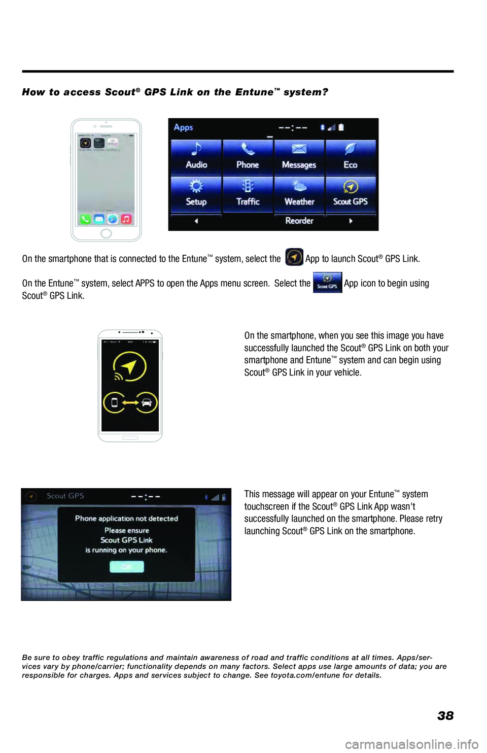 TOYOTA 4RUNNER 2018 Accessories, Audio & Navigation (in English) 38
On the smartphone, when you see this image you have
successfully launched the Scout® GPS Link on both your
smartphone and Entune™ system and can begin using
Scout® GPS Link in your vehicle.
TOYOTA 4RUNNER 2018 Accessories, Audio & Navigation (in English) 38
On the smartphone, when you see this image you have
successfully launched the Scout® GPS Link on both your
smartphone and Entune™ system and can begin using
Scout® GPS Link in your vehicle.