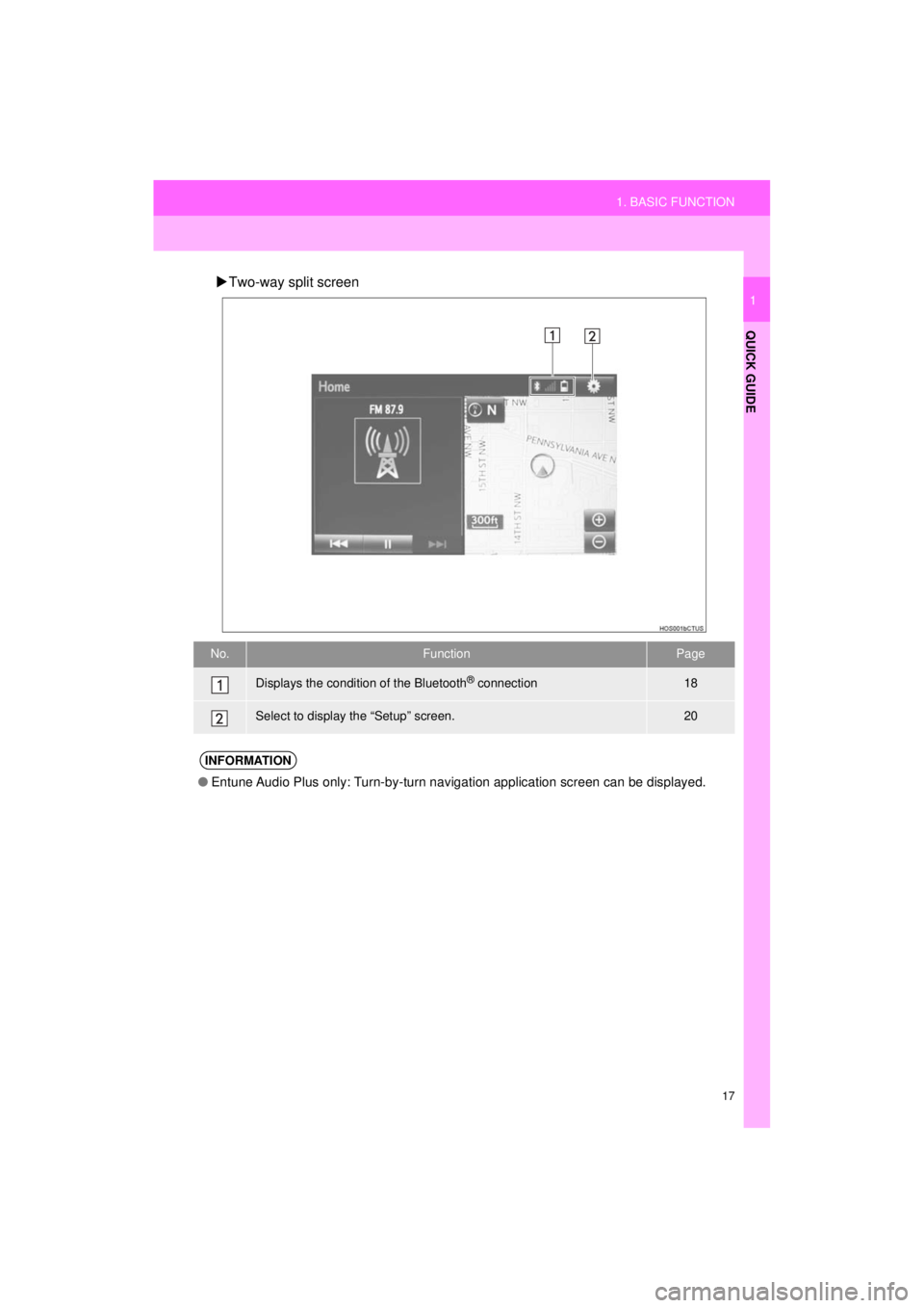TOYOTA 4RUNNER 2018 Accessories, Audio & Navigation (in English) 17
1. BASIC FUNCTION
4RUNNER_Navi_U
QUICK GUIDE
1
Two-way split screen
No.FunctionPage
Displays the condition of the Bluetooth® connection18
Select to display the “Setup” screen.20
INFORMATION TOYOTA 4RUNNER 2018 Accessories, Audio & Navigation (in English) 17
1. BASIC FUNCTION
4RUNNER_Navi_U
QUICK GUIDE
1
Two-way split screen
No.FunctionPage
Displays the condition of the Bluetooth® connection18
Select to display the “Setup” screen.20
INFORMATION
