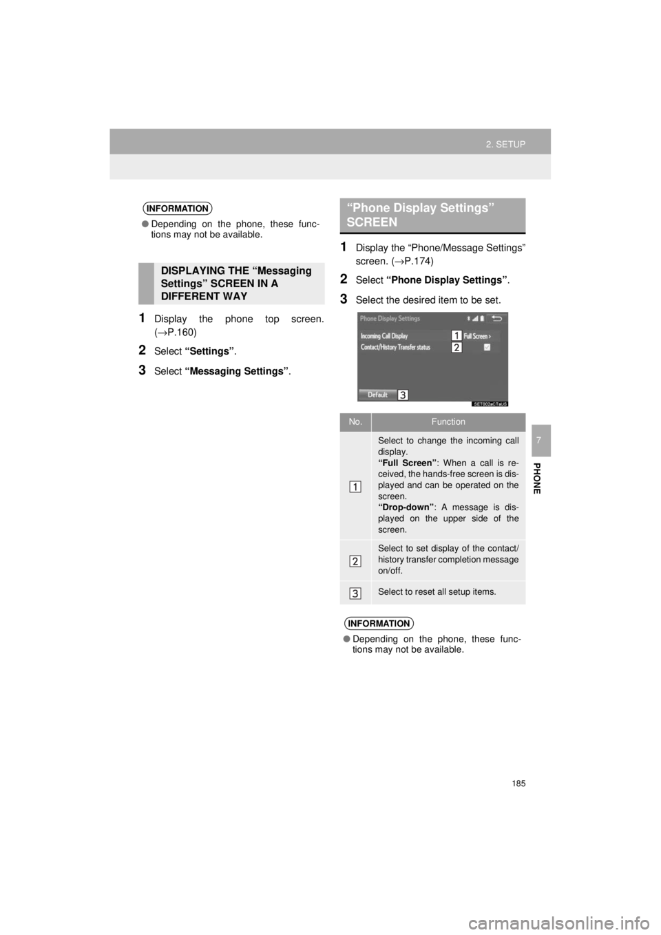 TOYOTA 4RUNNER 2018  Accessories, Audio & Navigation (in English) 185
2. SETUP
4RUNNER_Navi_U
PHONE
7
1Display the phone top screen.
(→P.160)
2Select “Settings” .
3Select “Messaging Settings” .
1Display the “Phone/Message Settings”
screen. (→P.174)
2